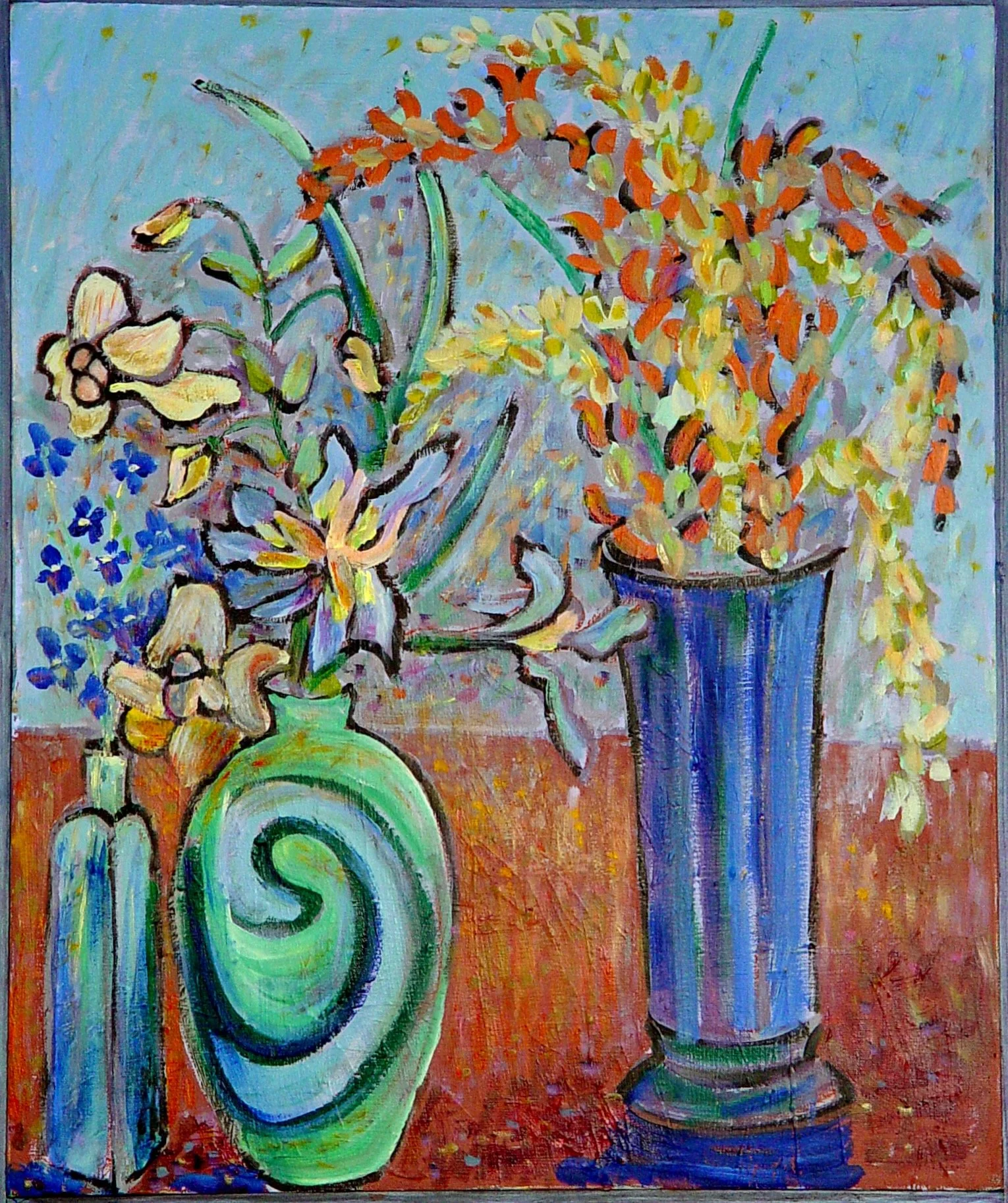 A colorful, abstract painting of three vases with flowers on a table. The left vase is green with a swirl pattern, the middle one is smaller and yellow, and the right vase is tall and blue. The flowers are in shades of yellow, orange, and purple.