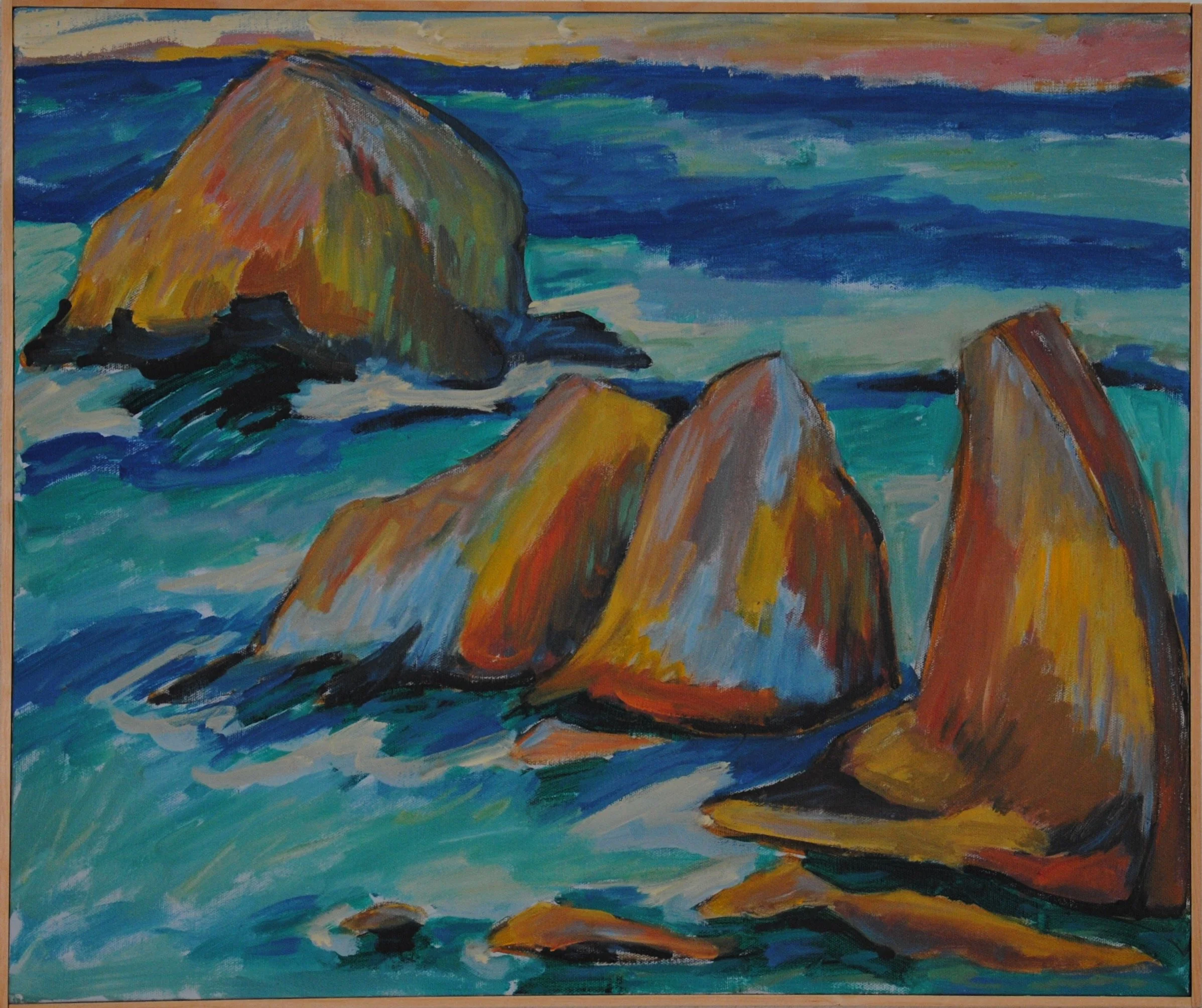 A colorful painting of a seascape featuring large rocks and the ocean with a sky in the background.
