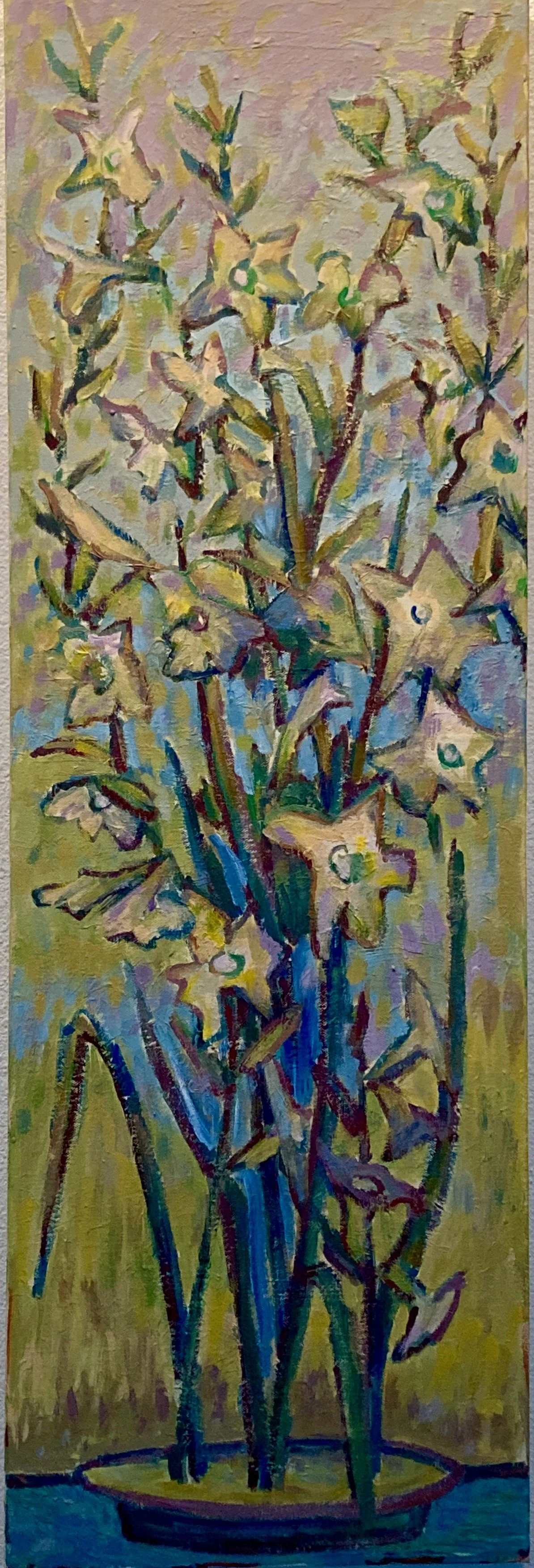 An abstract painting of a flower arrangement with yellow, green, and purple tones, featuring star-shaped flowers in a round pot.