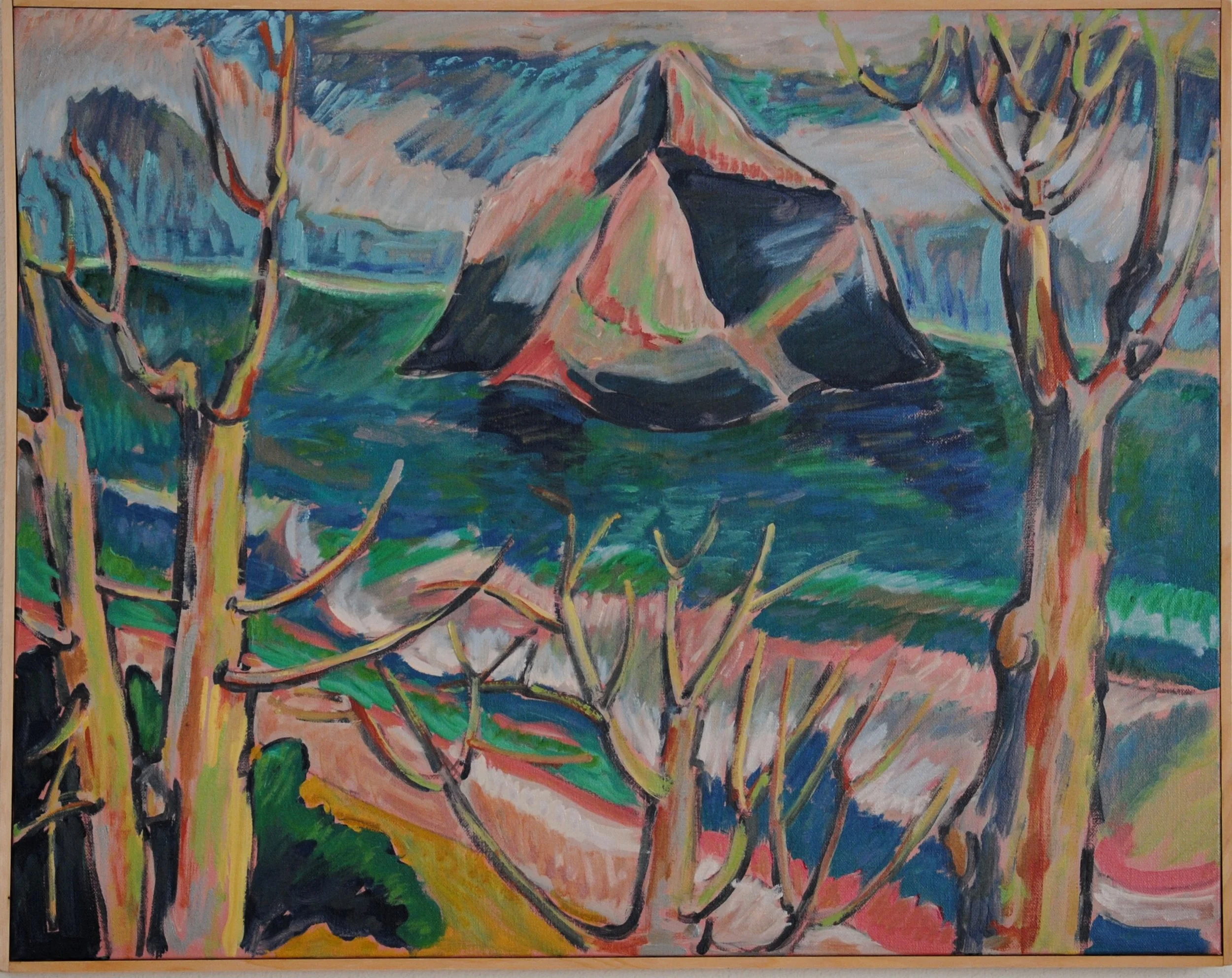A colorful painting of a landscape featuring a mountain in the background, water in the middle, and trees in the foreground.