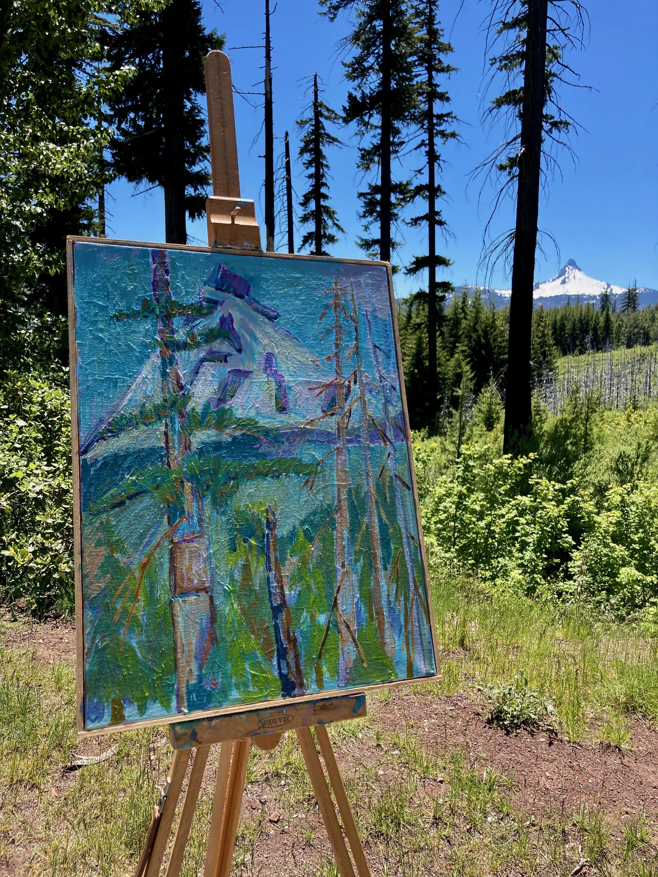 A landscape painting on an easel set outdoors in a forest clearing, with a mountain with snow at the peak in the background and tall trees surrounding the scene.