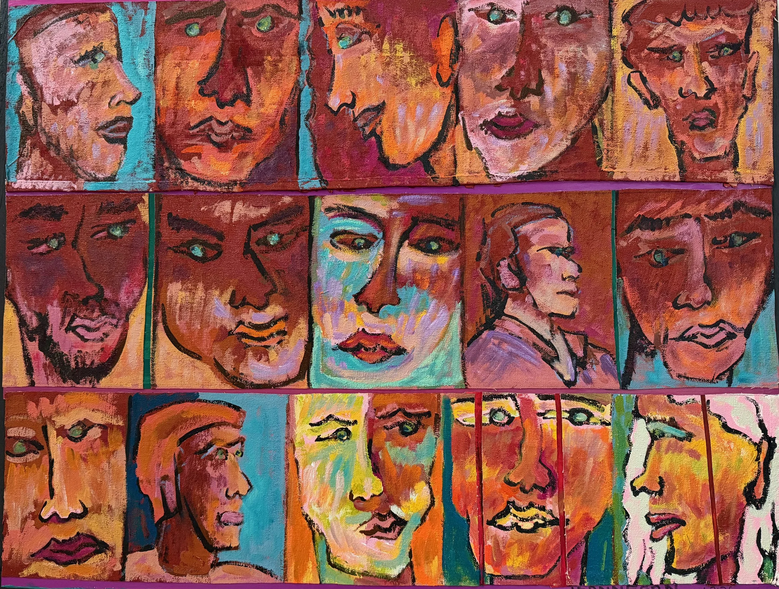 A colorful abstract painting featuring multiple portraits of faces with varied expressions, arranged in a grid. The artwork uses bold brushstrokes and vivid colors like red, orange, pink, blue, and purple, with black outlines emphasizing facial featu