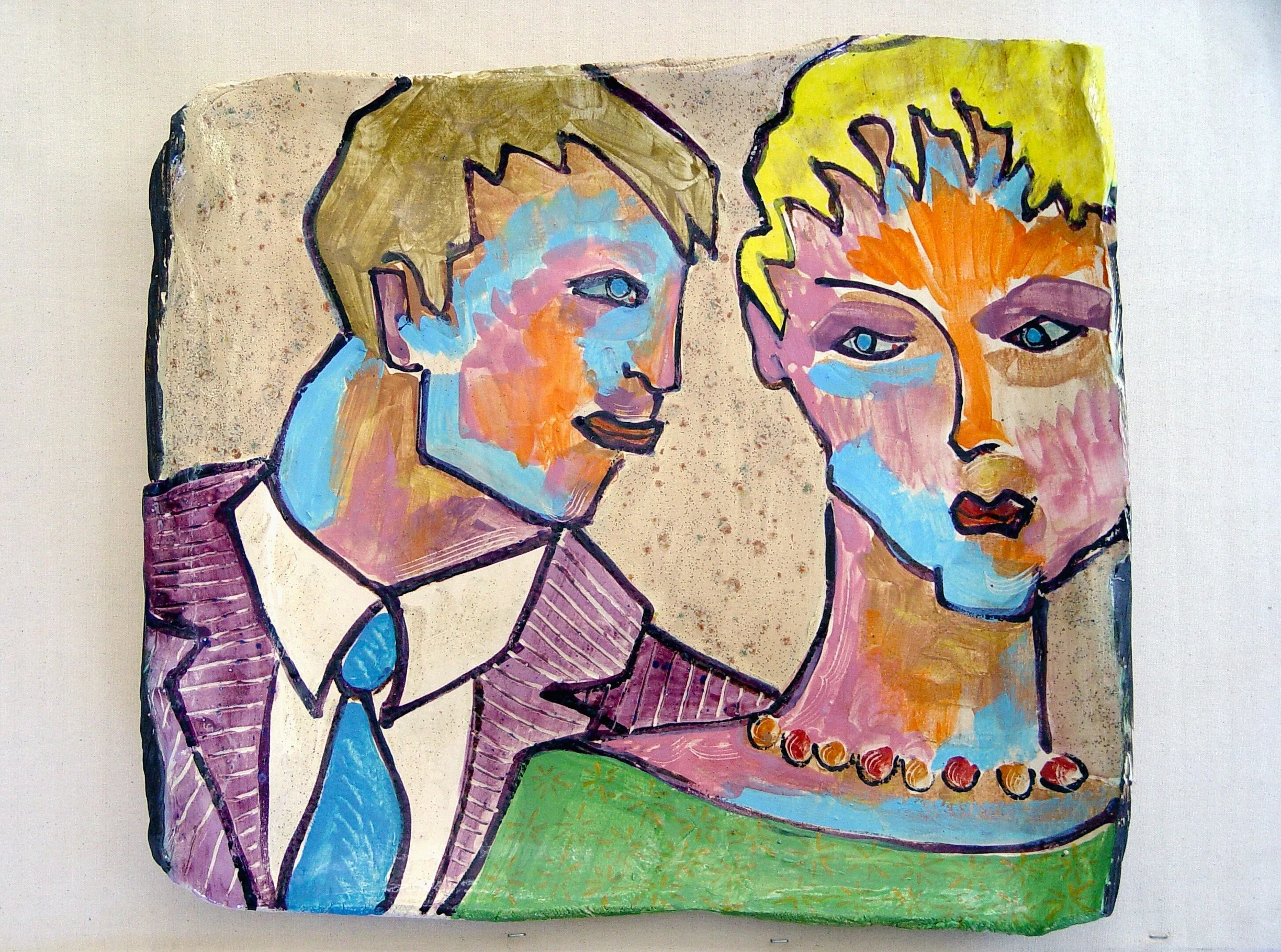 A colorful abstract painting of two people, a man and a woman, facing each other. The man has light brown hair, blue and pink facial tones, and is dressed in a purple suit with a blue tie. The woman has bright yellow hair, blue facial tones, and is w