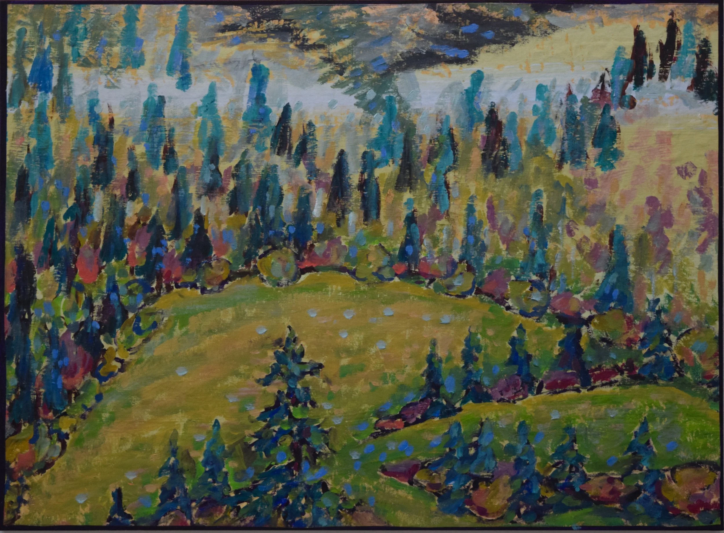 Impressionist painting of a lush green landscape with a curved row of trees and small bushes, with a few white flowers and sparse branches, painted in vibrant colors.