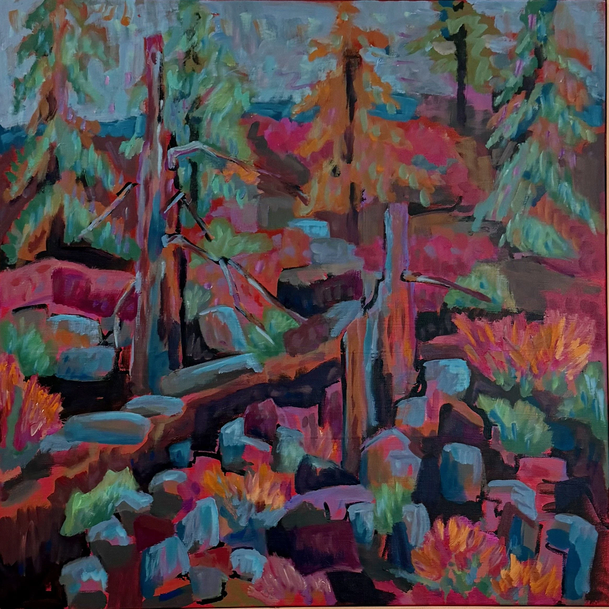 Abstract painting of a forest scene with trees, rocks, and foliage in vibrant colors such as pink, green, orange, and blue.