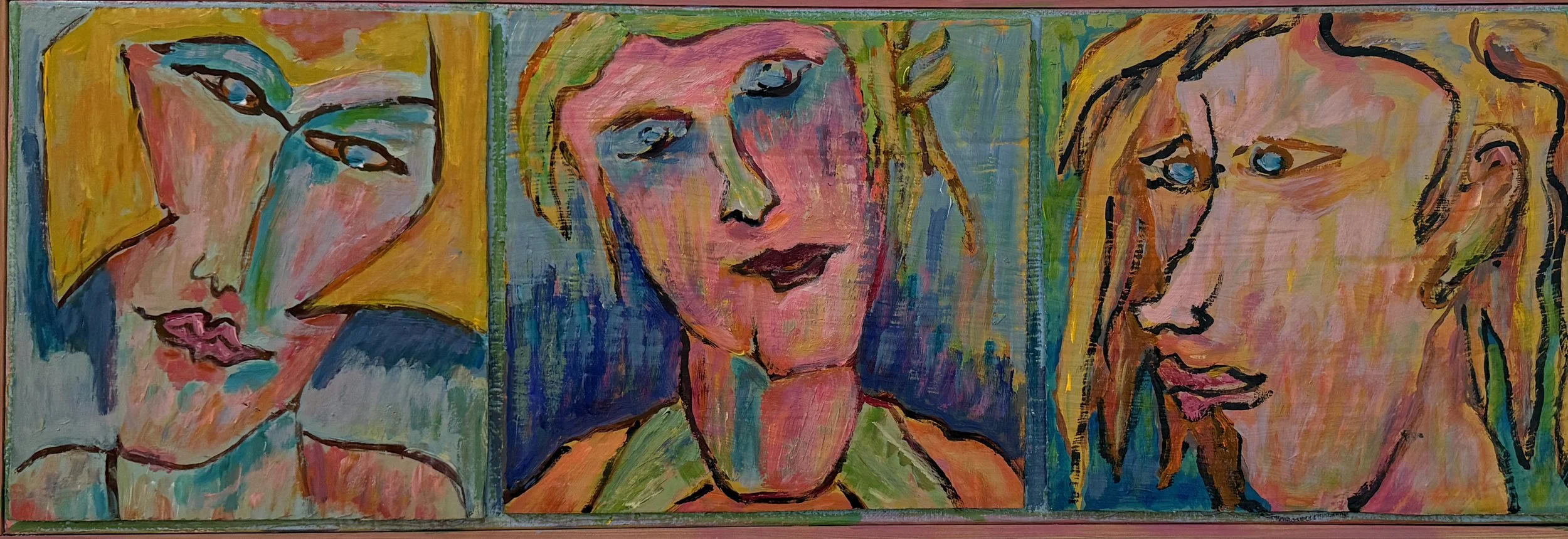 A triptych painting featuring three stylized female portraits with bold black outlines, vibrant colors, and expressive brushstrokes.