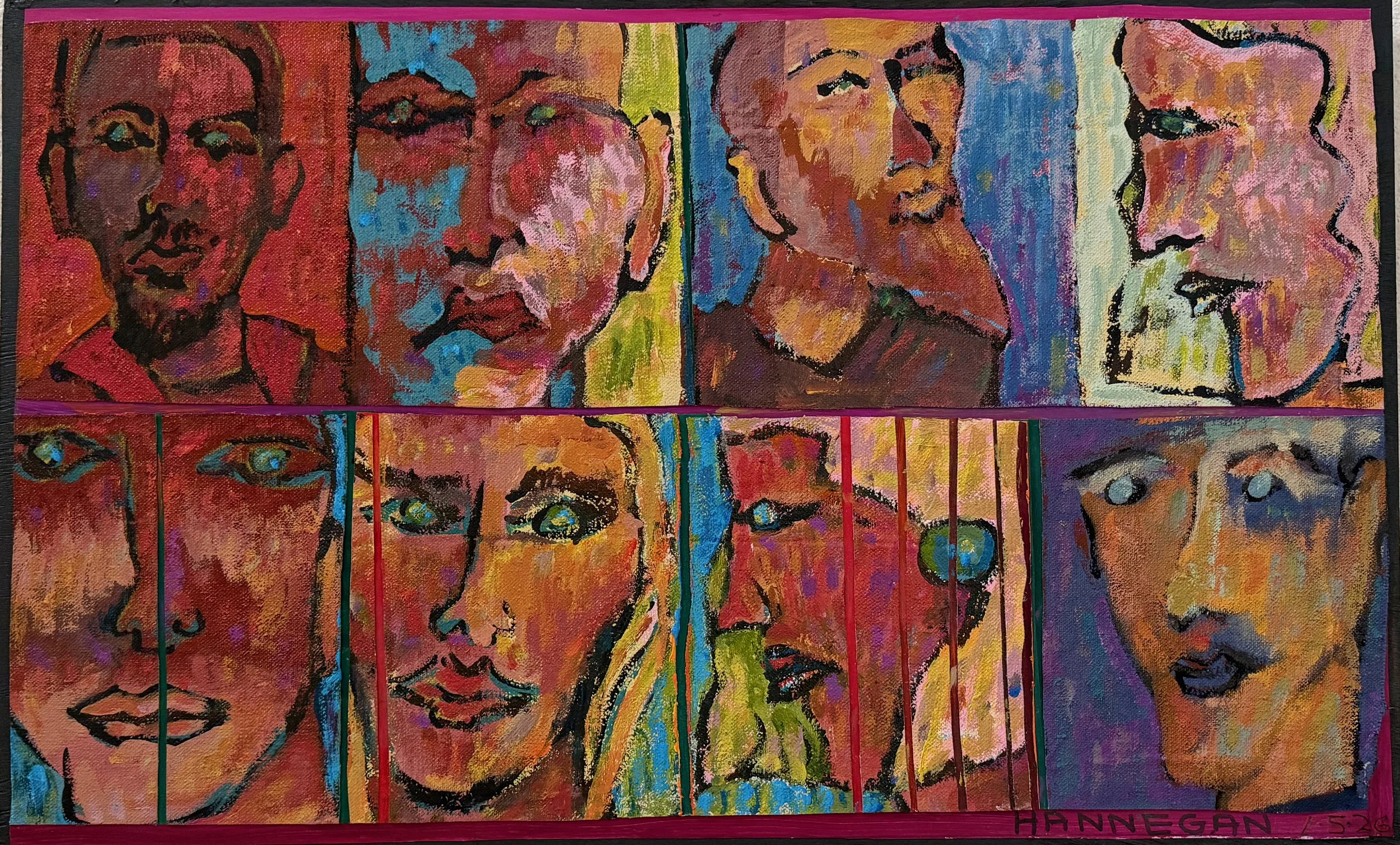 A colorful painting featuring nine expressive portraits of various people, separated by lines, with a pink border. The portraits display a range of facial expressions and styles, with bold brushstrokes and vibrant colors. The artist's name, 'Hannegan