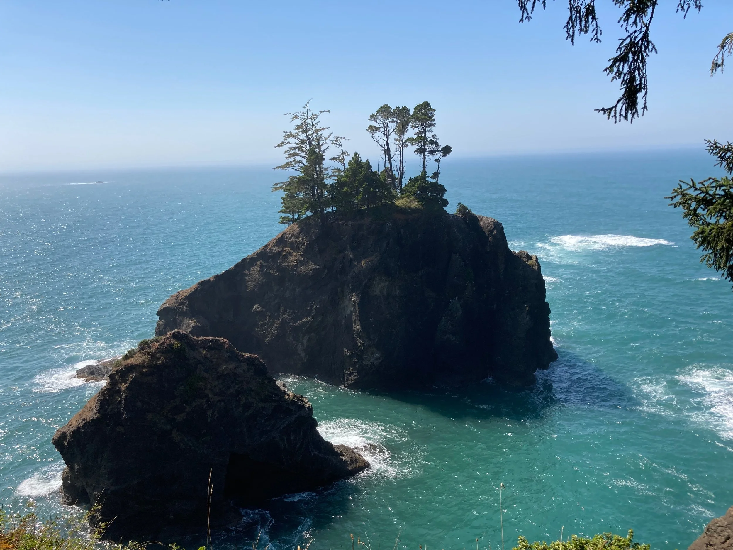 A large rocky island with trees on top, surrounded by blue ocean waters, under a clear sky.