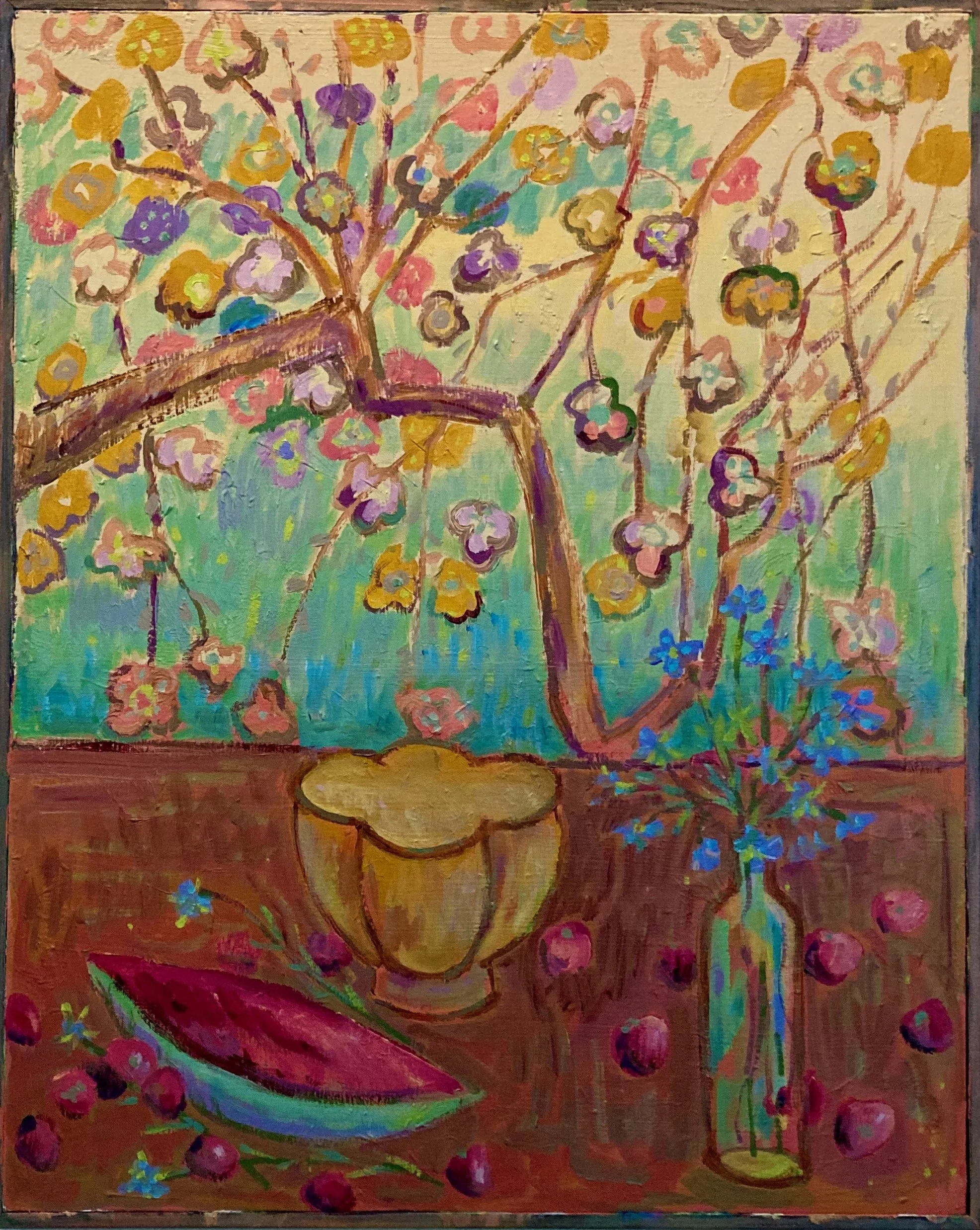 An abstract painting of a still life with a vase of blue flowers, a watermelon slice, a gold-colored pitcher, and a large potted plant with flowering branches, set on a wooden table.