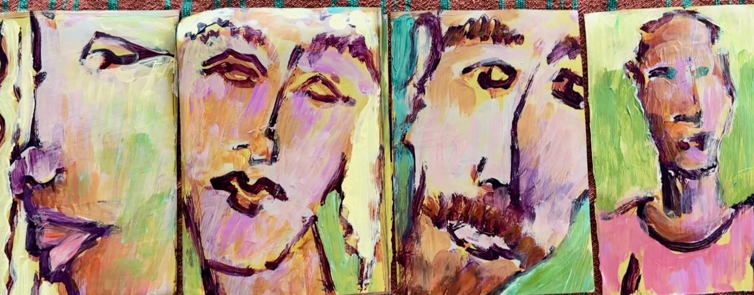 Four colorful abstract portraits of men's faces painted with bold brushstrokes, featuring varied expressions and backgrounds.