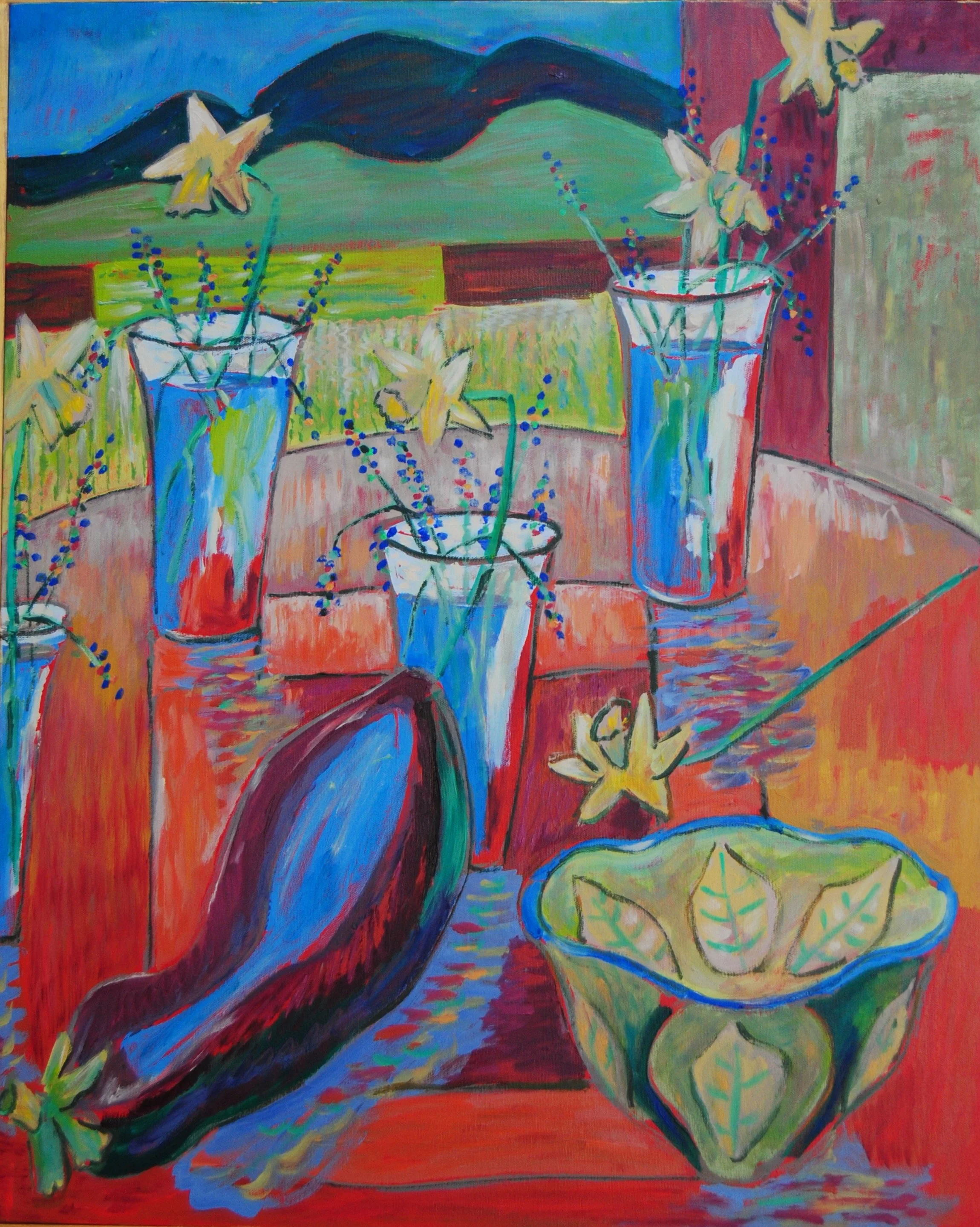 Colorful still life painting of a purple eggplant, a yellow flower, a ceramic bowl with leaf design, and three tall vases with yellow flowers and blue berries, arranged on a table with a vibrant, abstract background.