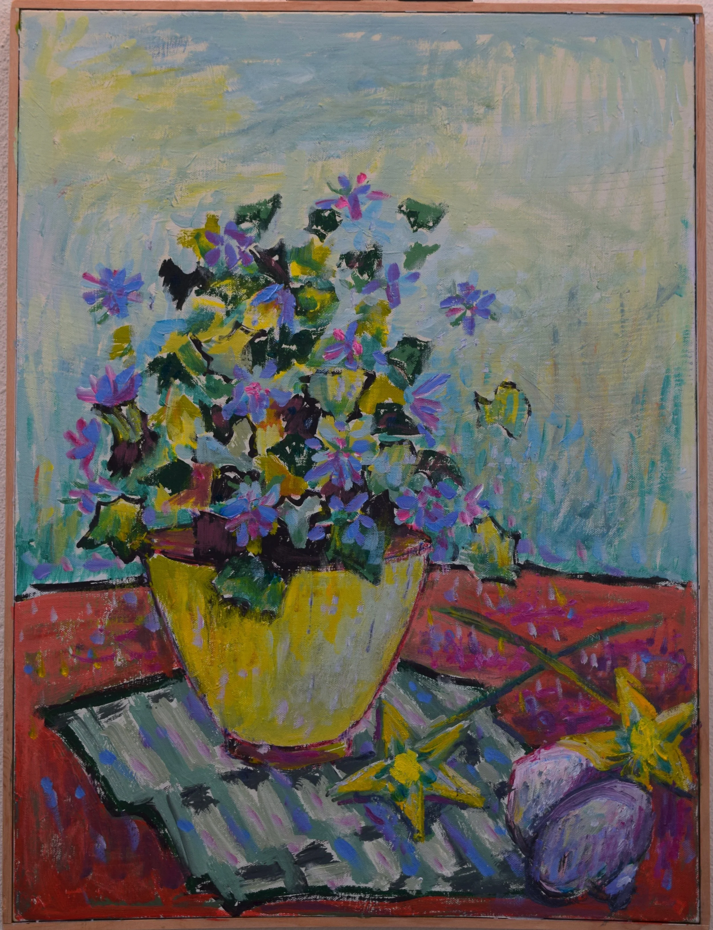 An impressionist painting of a potted plant with purple and yellow flowers on a red table, surrounded by yellow star-shaped ornaments and a white seashell, against a light background.