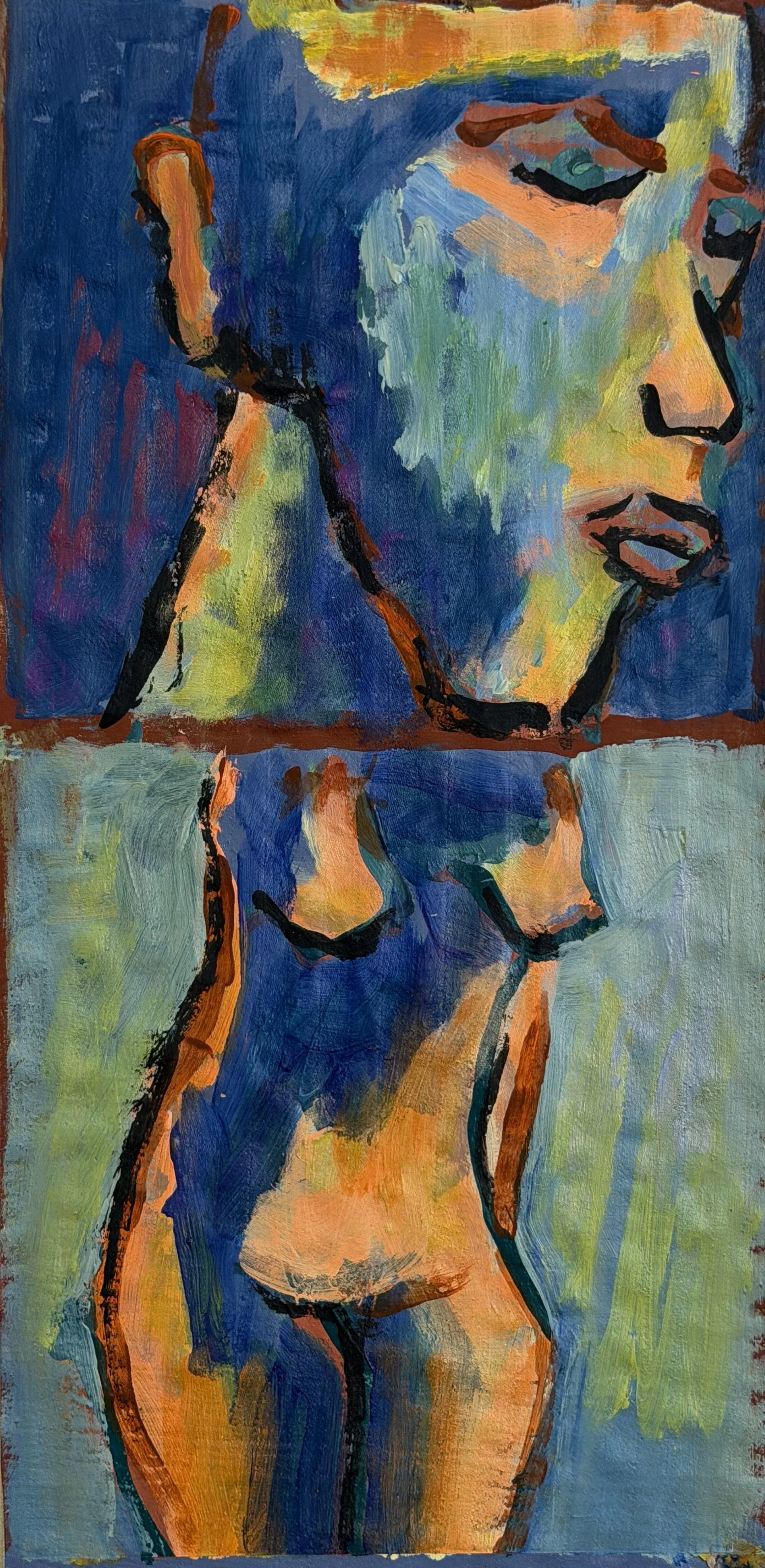An abstract painting of a woman's figure, with her face turned to the side, painted in bold brushstrokes using blue, green, yellow, orange, black, and purple colors.