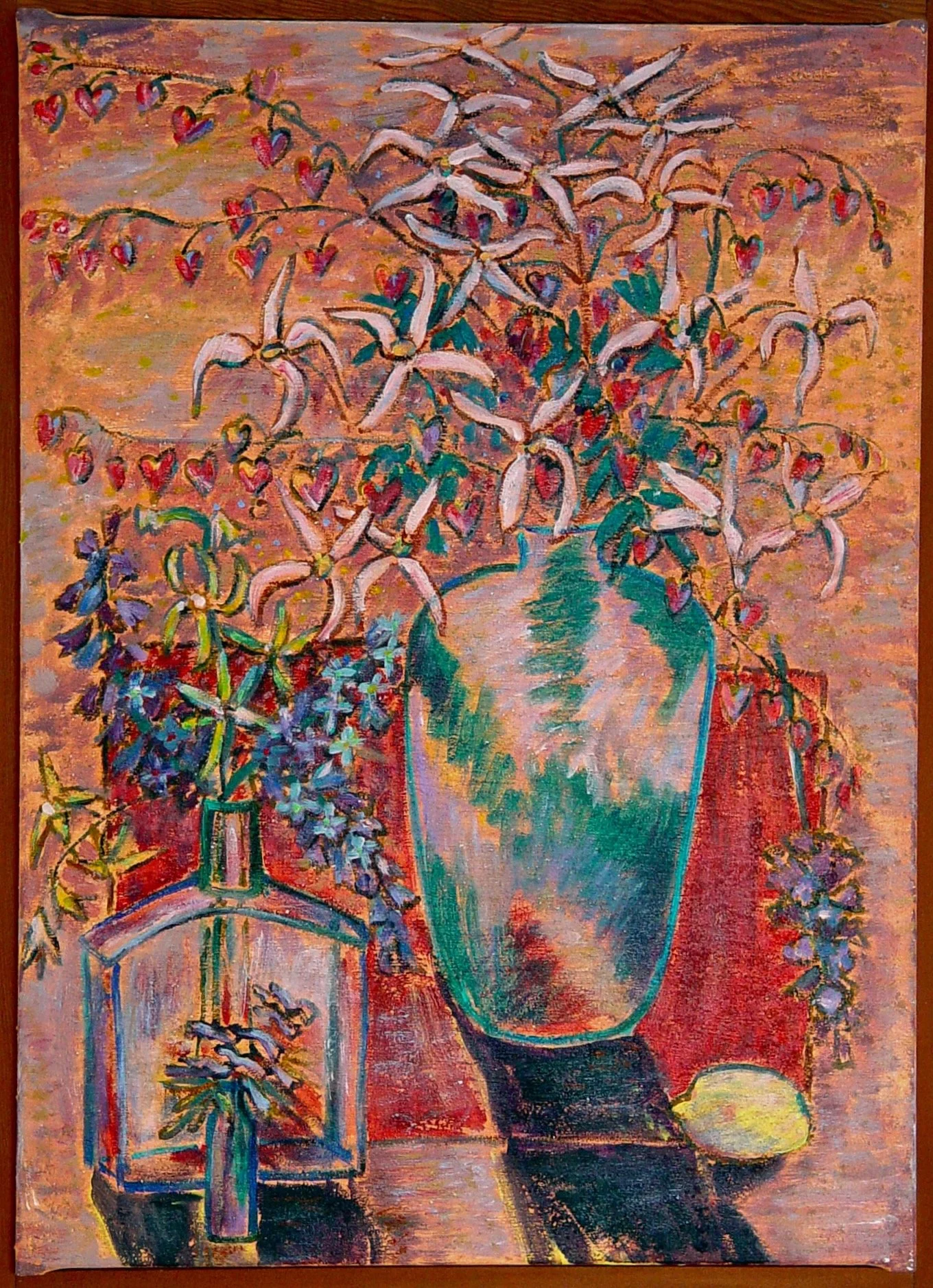 Colorful painting of two vases with flowers. The larger vase has a bouquet with heart-shaped flowers and green leaves. The smaller vase contains purple and pink flowers. There is a lemon on the table, and the background is warm-toned with shades of p