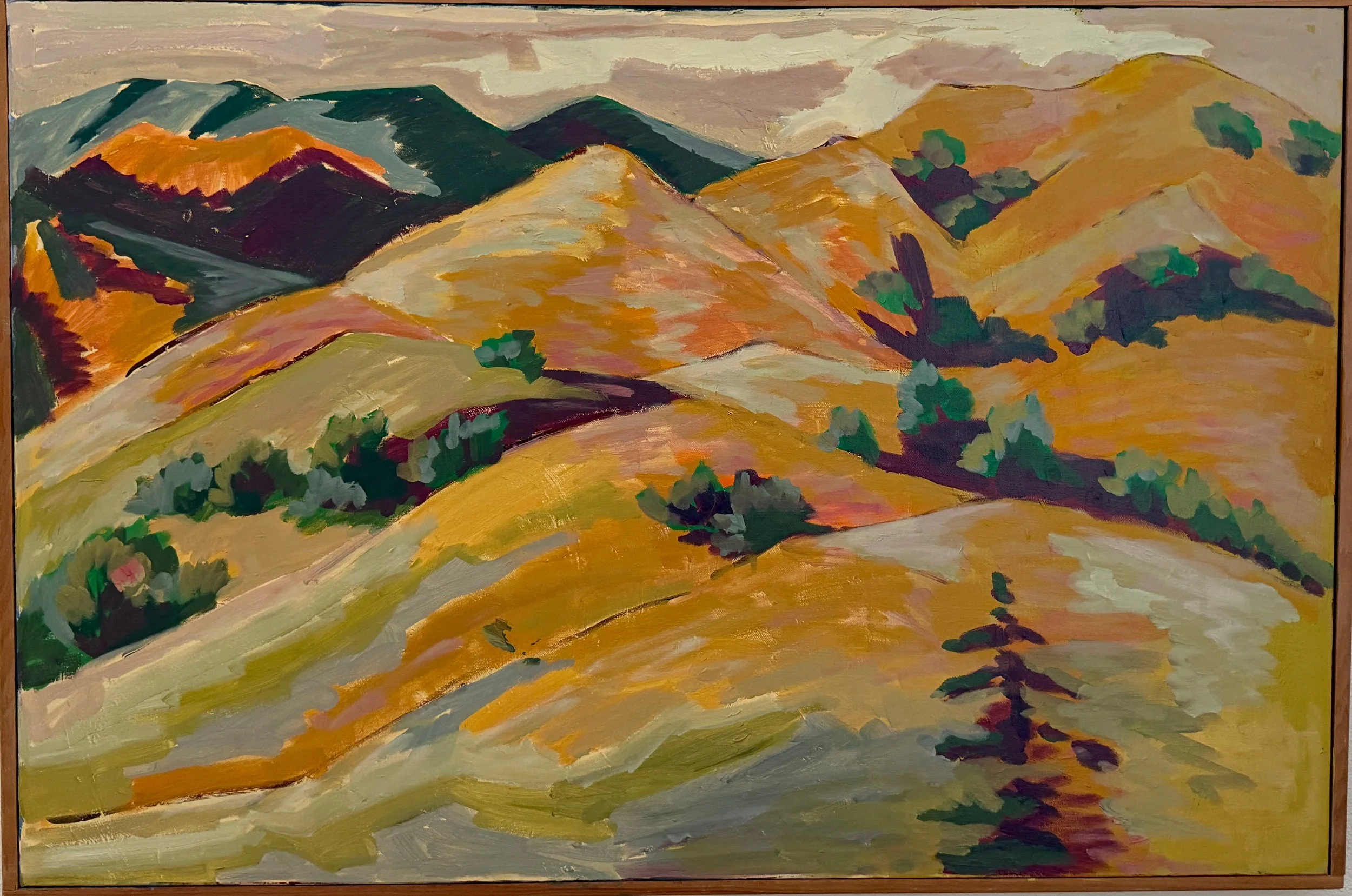 Abstract landscape painting of rolling hills with colorful patches of green, yellow, and orange, and distant mountains in dark green and blue hues under a cloudy sky.