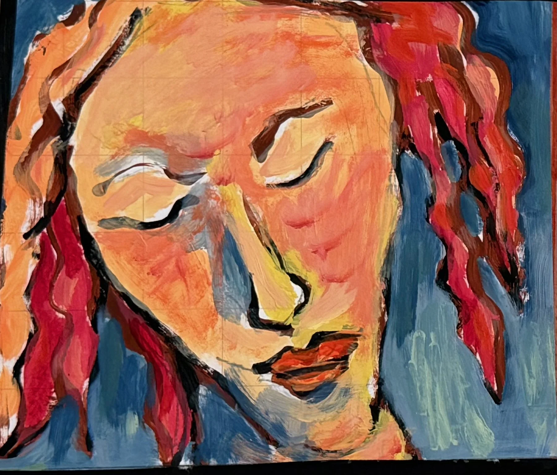 Abstract painting of a woman's face with closed eyes, red and orange hair, and warm tones on her face, set against a blue background.