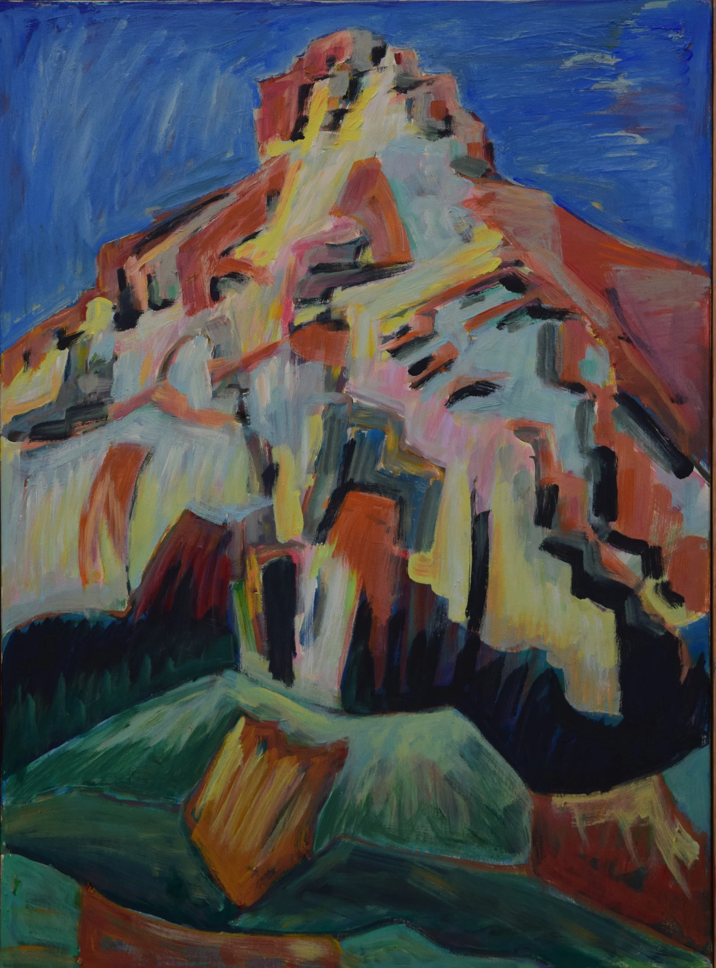 Abstract painting of a mountain with colorful, bold brushstrokes, featuring a blue sky background.