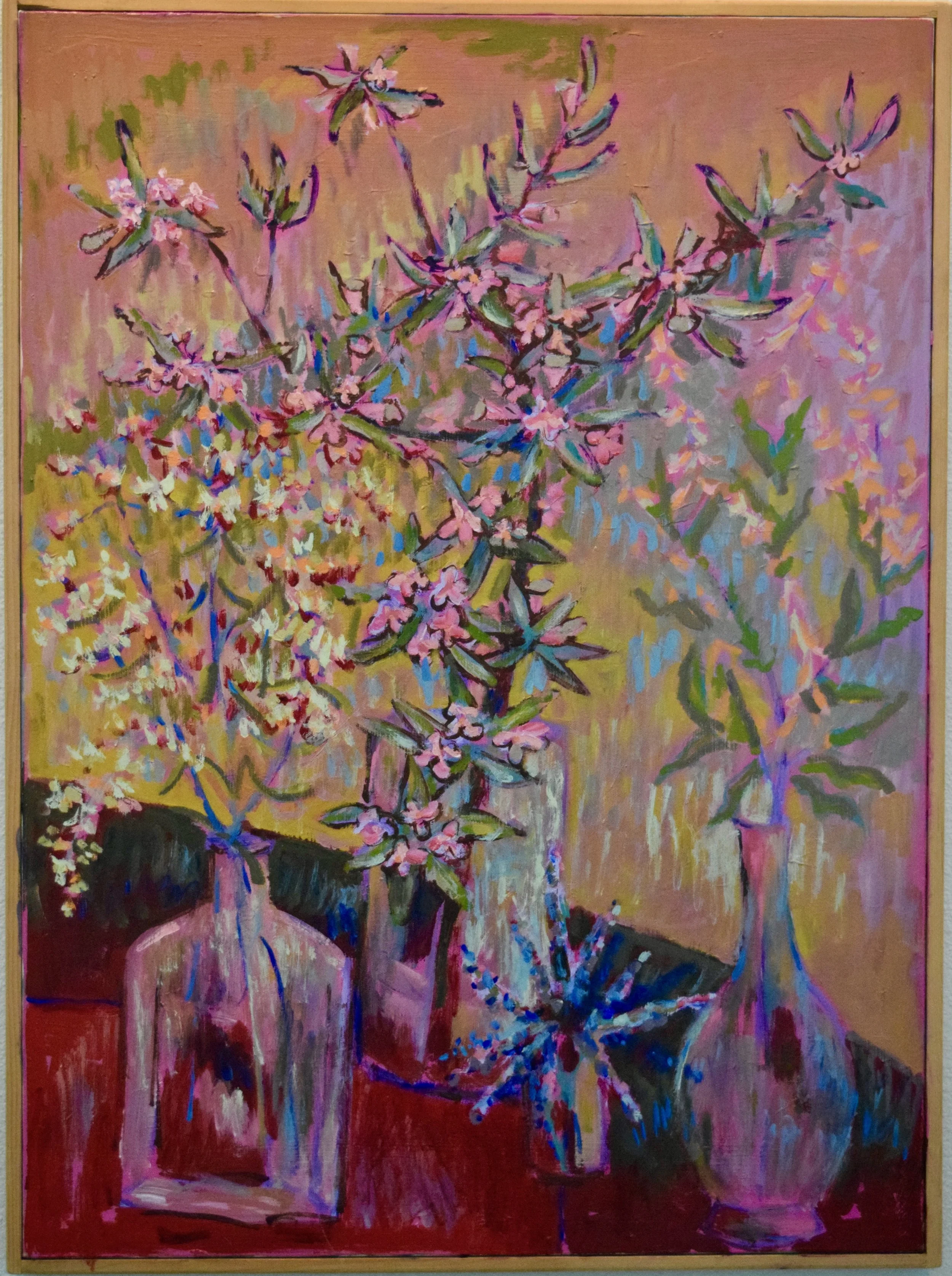 An abstract painting of a still life scene featuring flowers in glass vases and a person with short dark hair leaning over a table, with vivid and expressive brushstrokes.