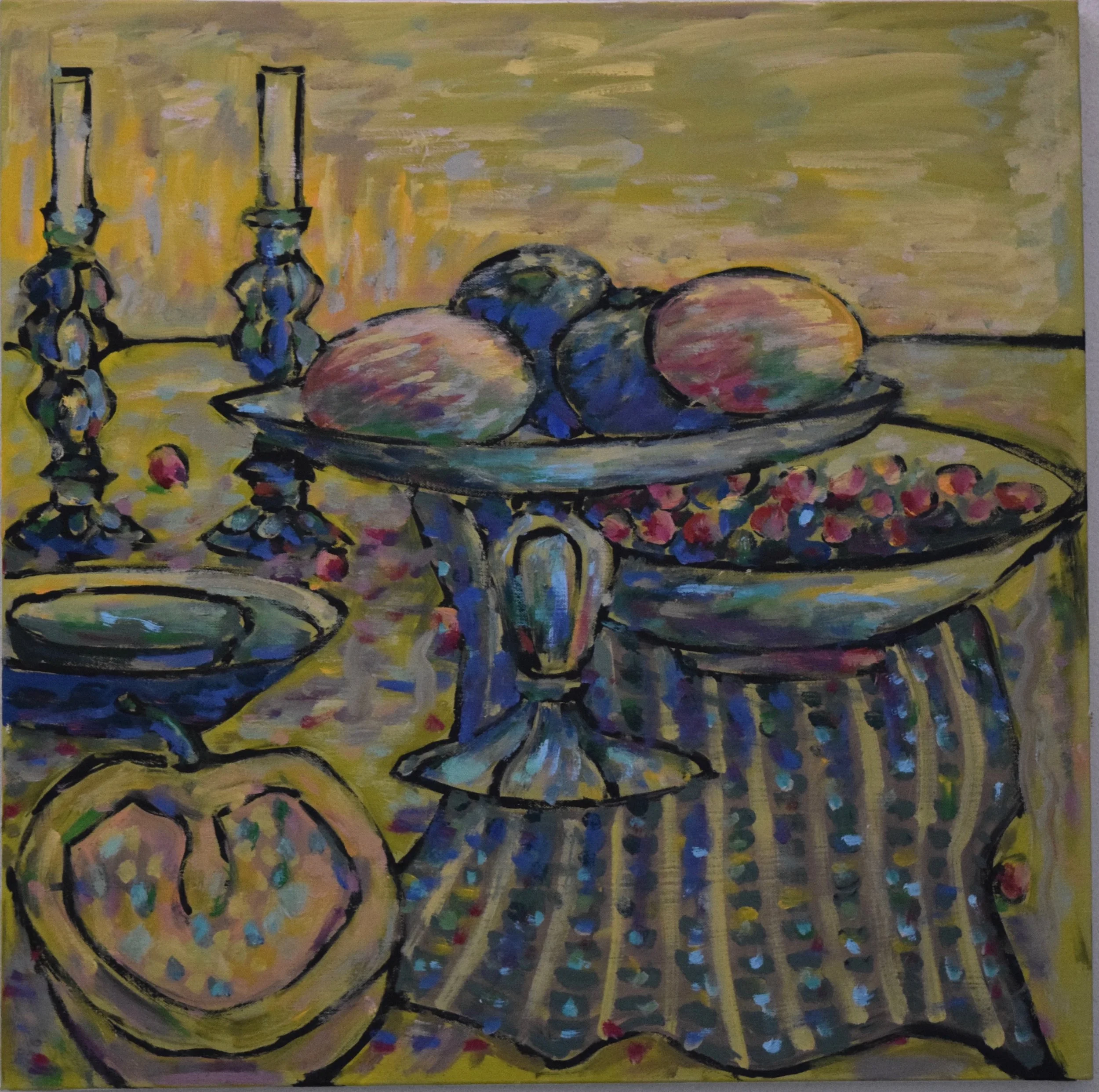 A colorful still life painting of a table with fruits and candles, featuring a plate of peaches, grapes, and a bowl of cherries, with candles and a slice of watermelon in the background.