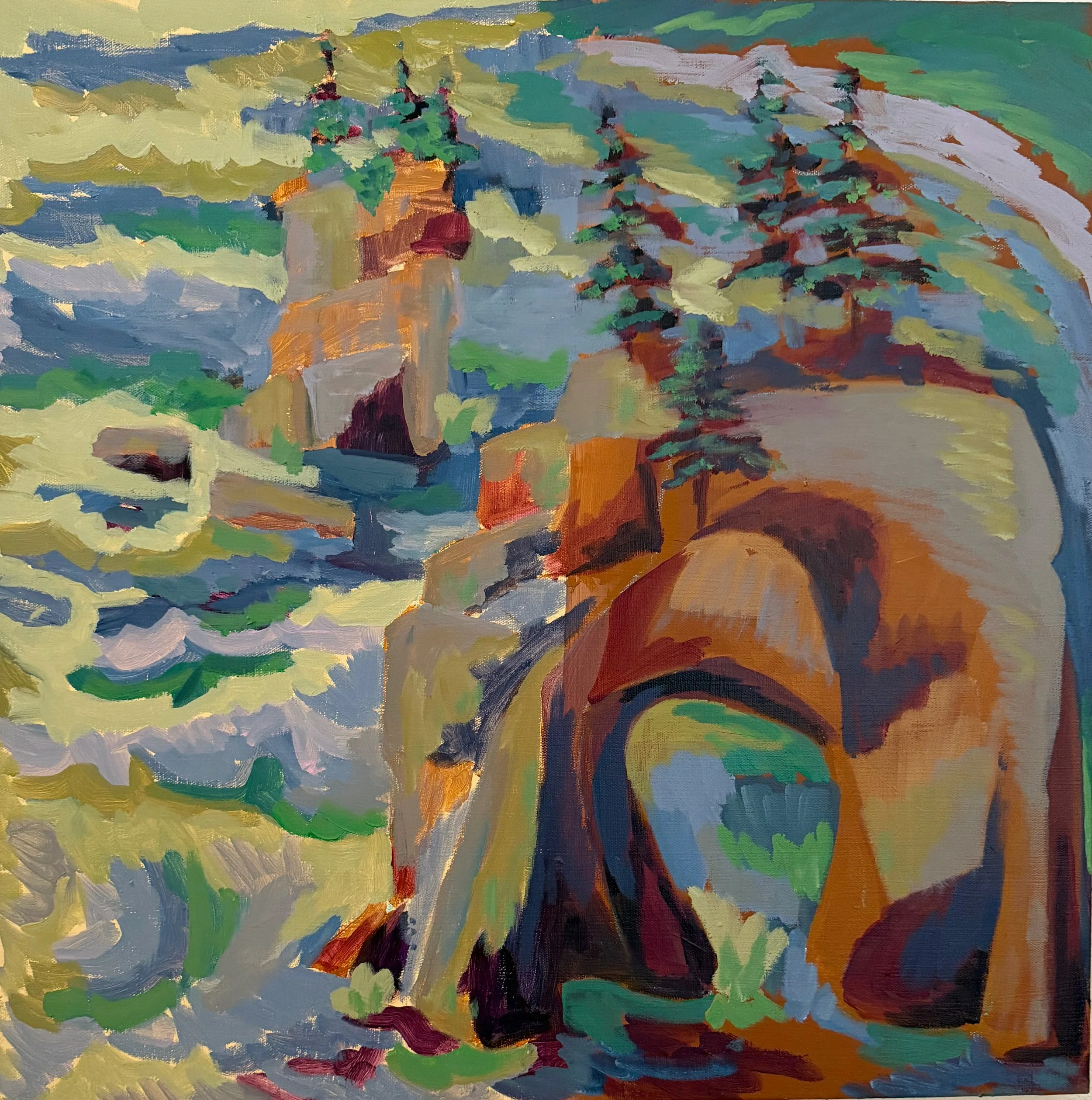 A colorful abstract painting of a landscape with a rocky arch bridge, green trees, and a mountain range in the background.