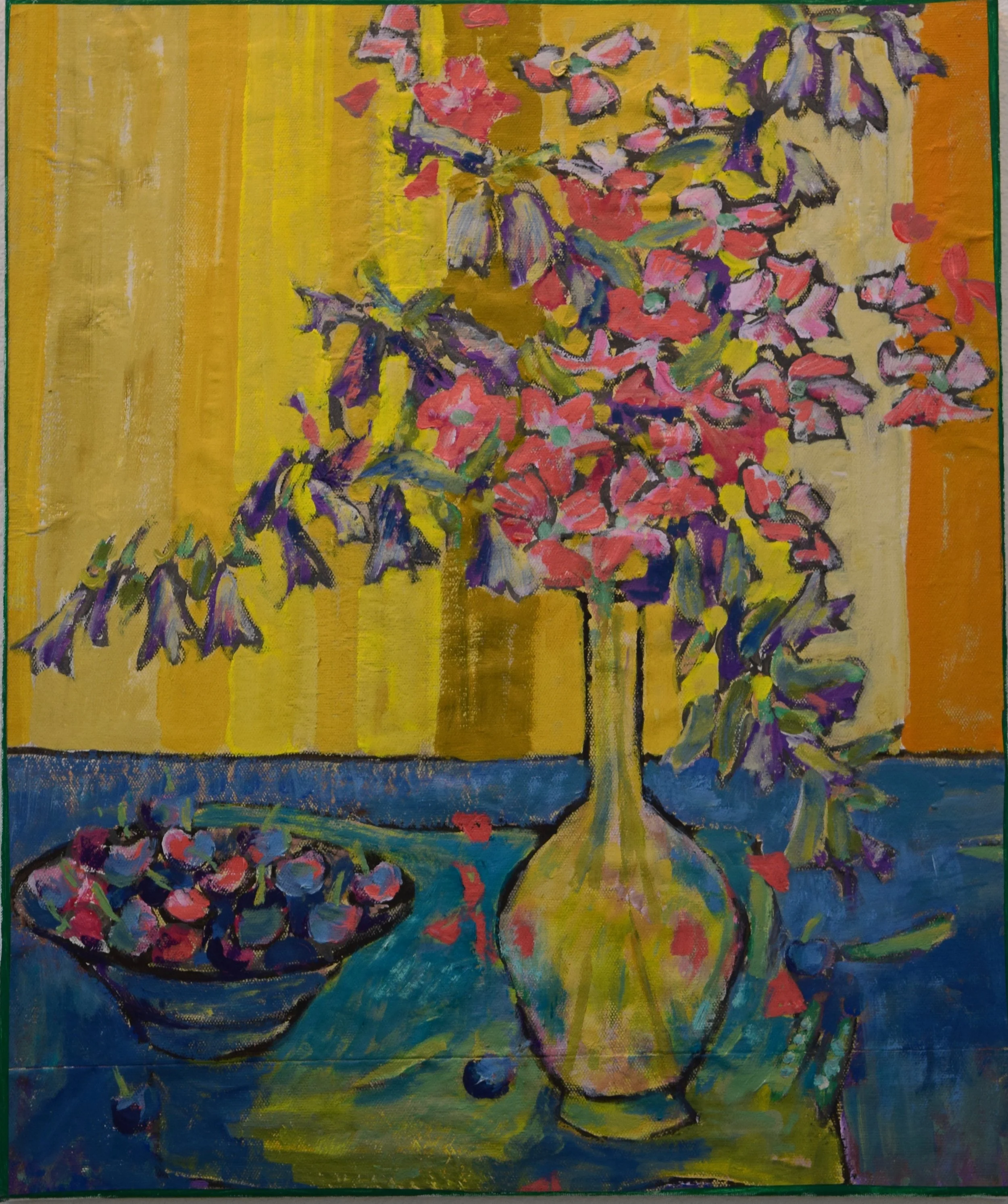 An abstract painting of a bouquet of pink, purple, and blue flowers in a yellow vase, set on a blue table with a bowl of purple and pink fruit beside it, against a yellow and orange background.