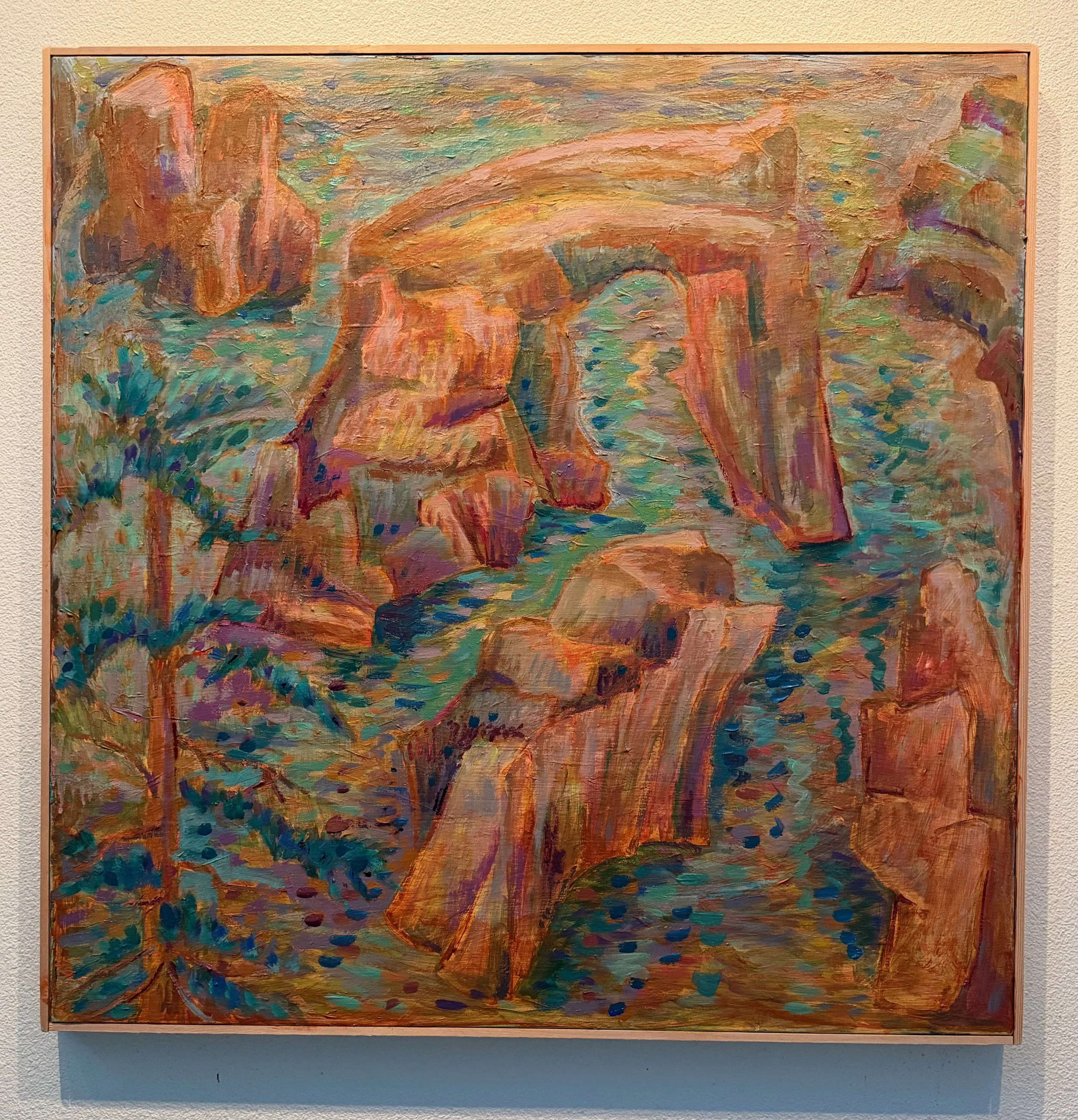 An abstract painting of a mountainous landscape with rocks, trees, and a bridge, using vibrant colors and textured brushstrokes.