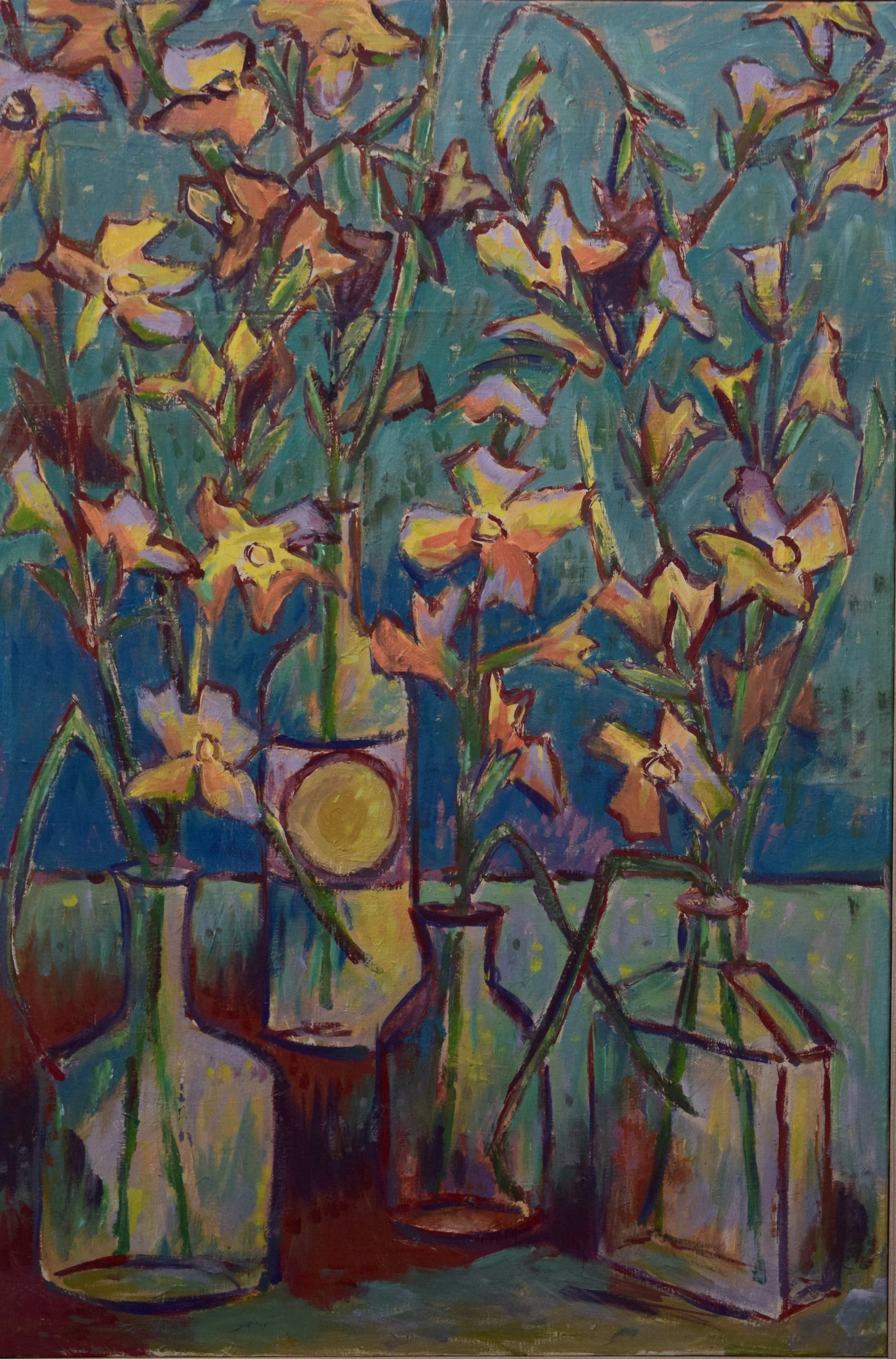 A colorful still life painting of several vases filled with yellow flowers set against a vibrant abstract background.