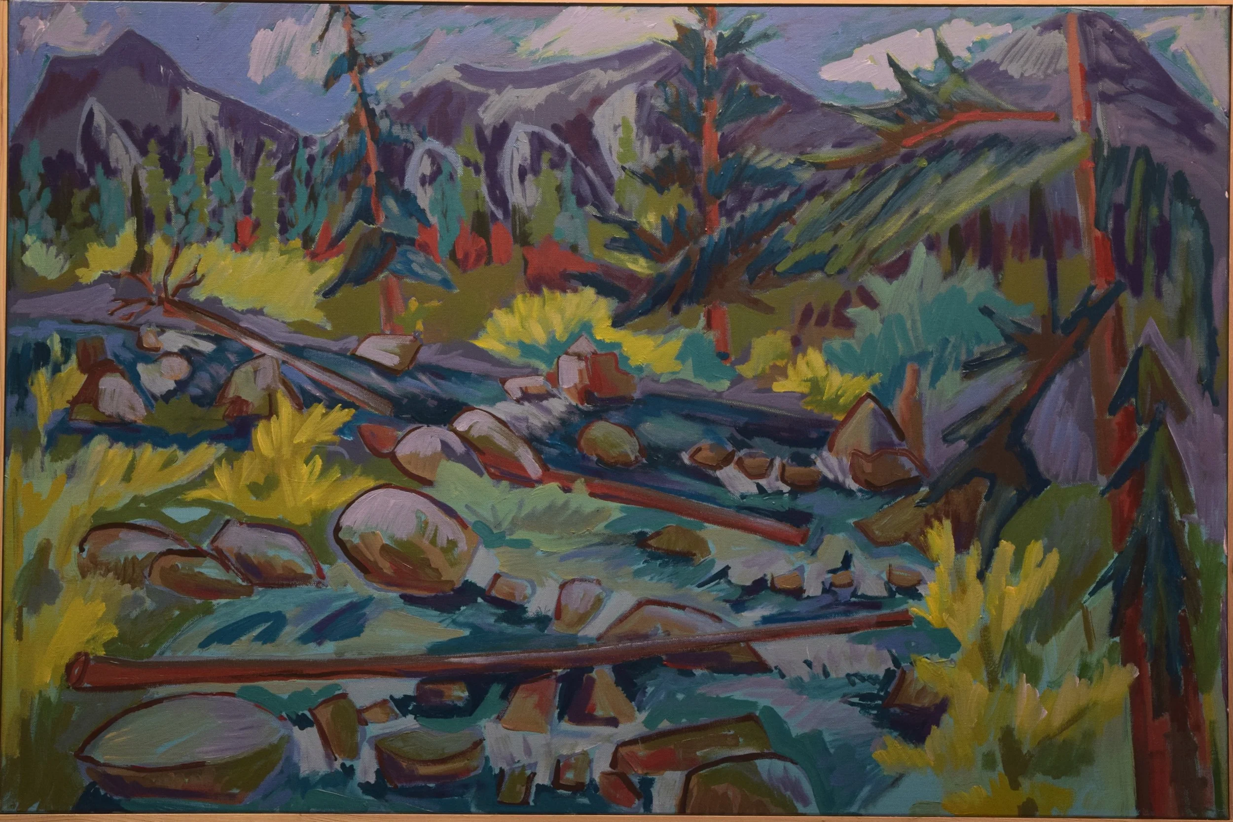 An oil painting of a mountain landscape with a creek flowing through rocks and surrounded by trees and colorful bushes.