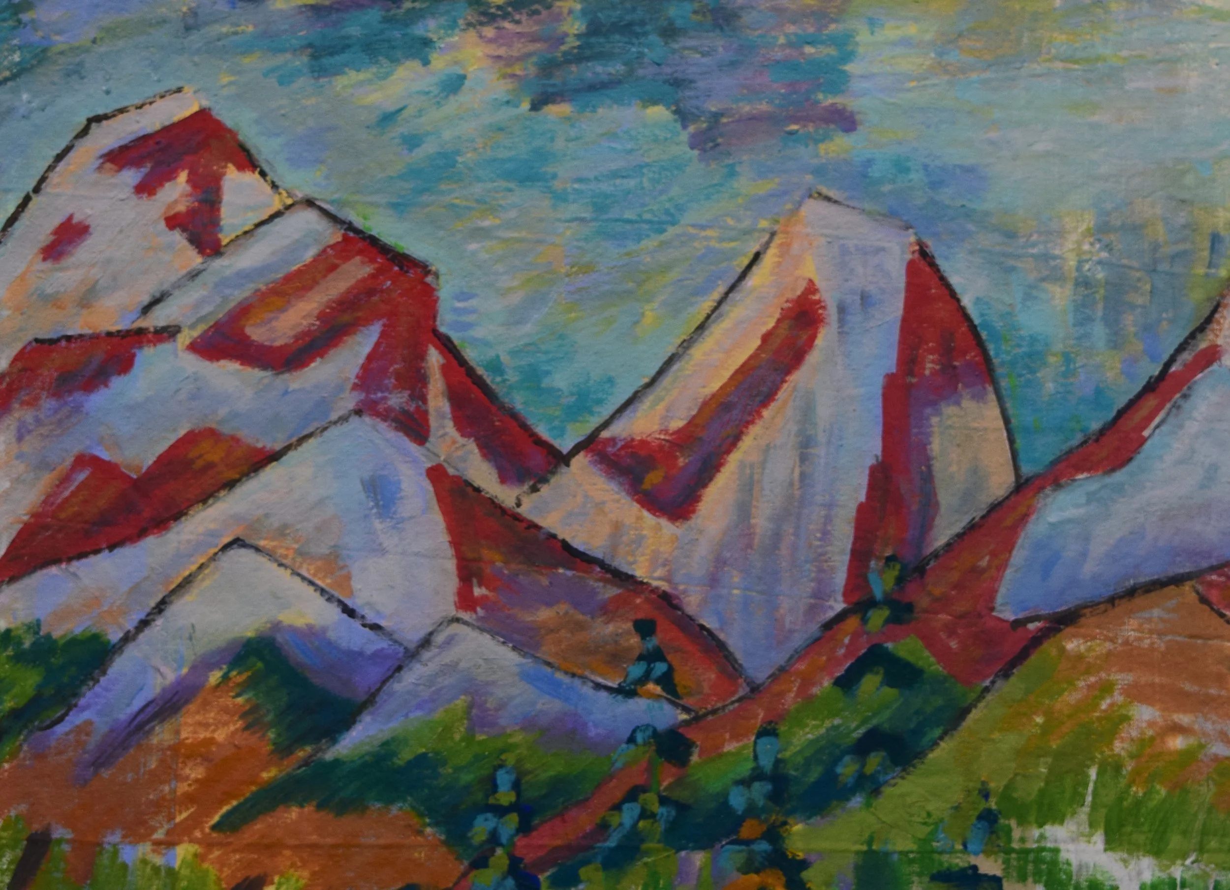 Colorful painting of a mountain landscape with snow-capped peaks, green slopes, and a blue sky with clouds.