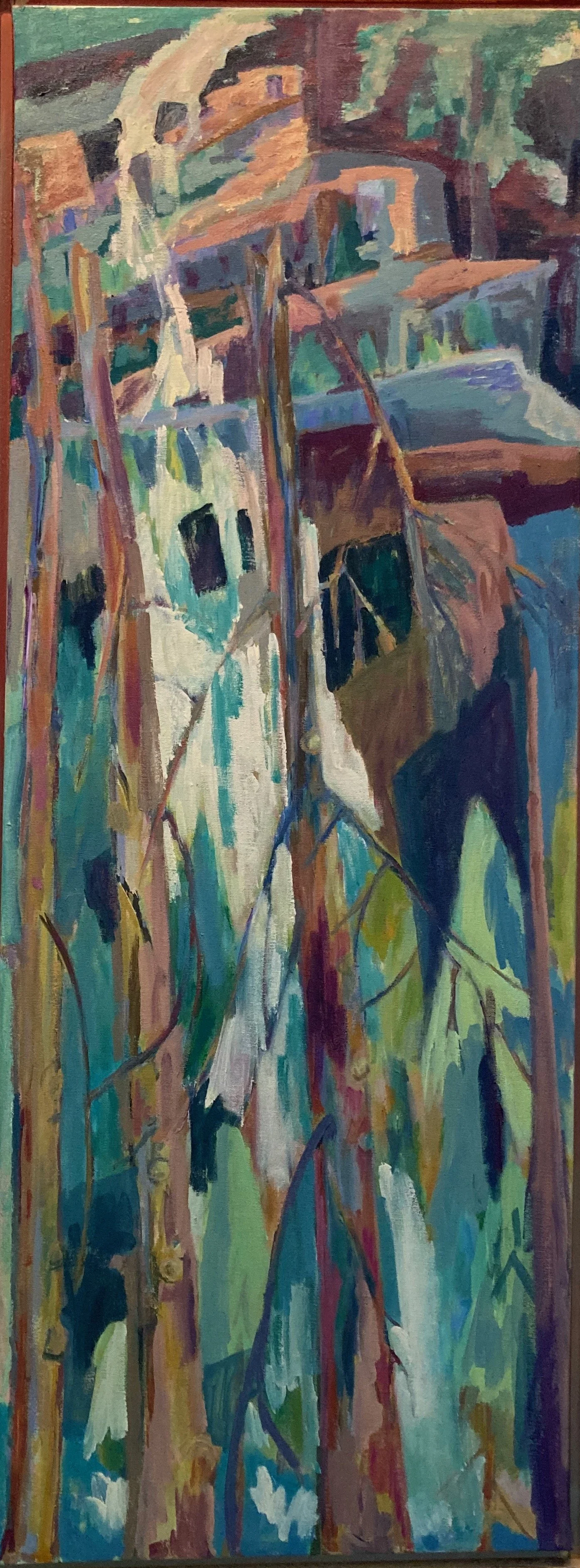 An abstract landscape painting with trees, water, and a structure made of various colorful, brushstrokes.