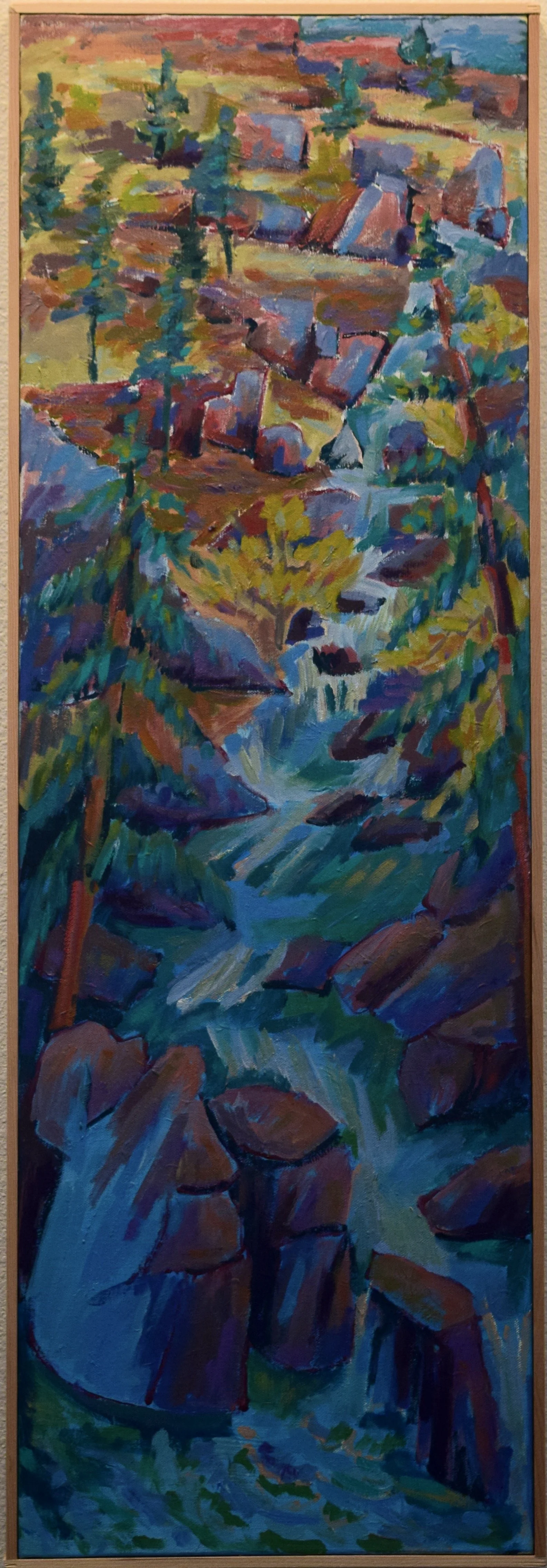 A colorful abstract painting of a landscape with trees, rocks, and a flowing stream.
