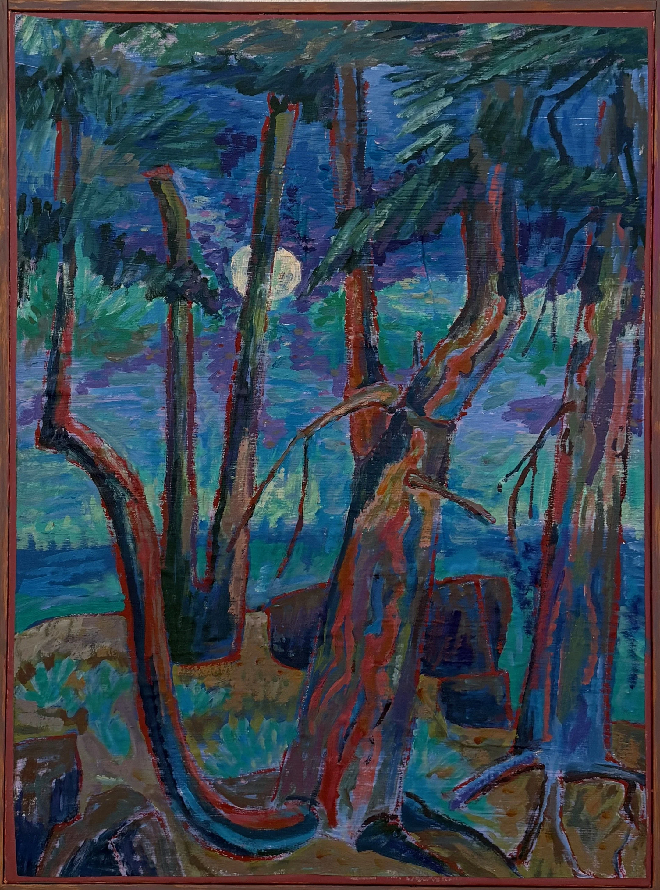 A colorful painting of trees at night with a full moon in the background, using bold brushstrokes and contrasting colors.