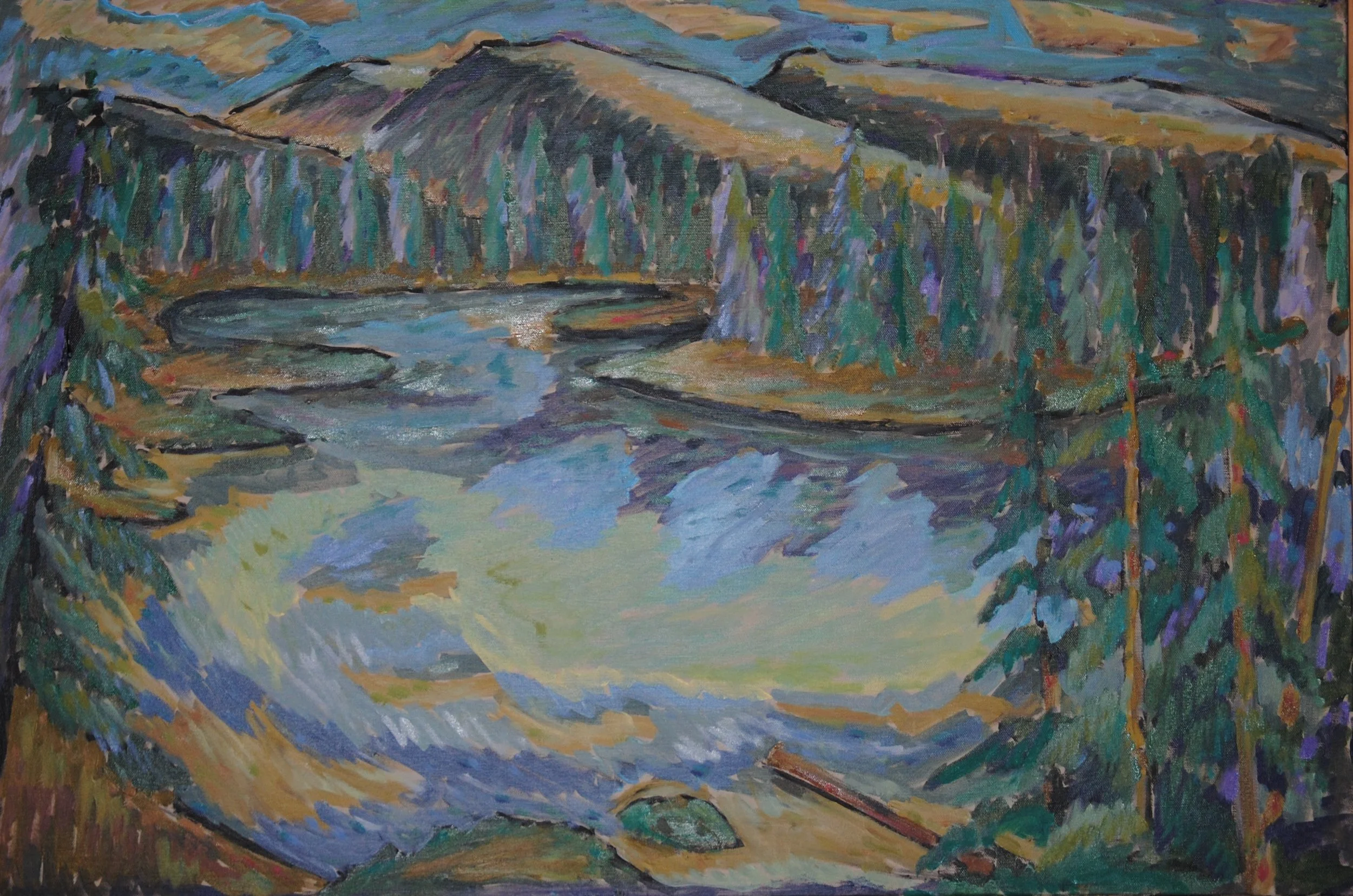 An impressionist painting of a river flowing through a forested landscape with mountains in the background.