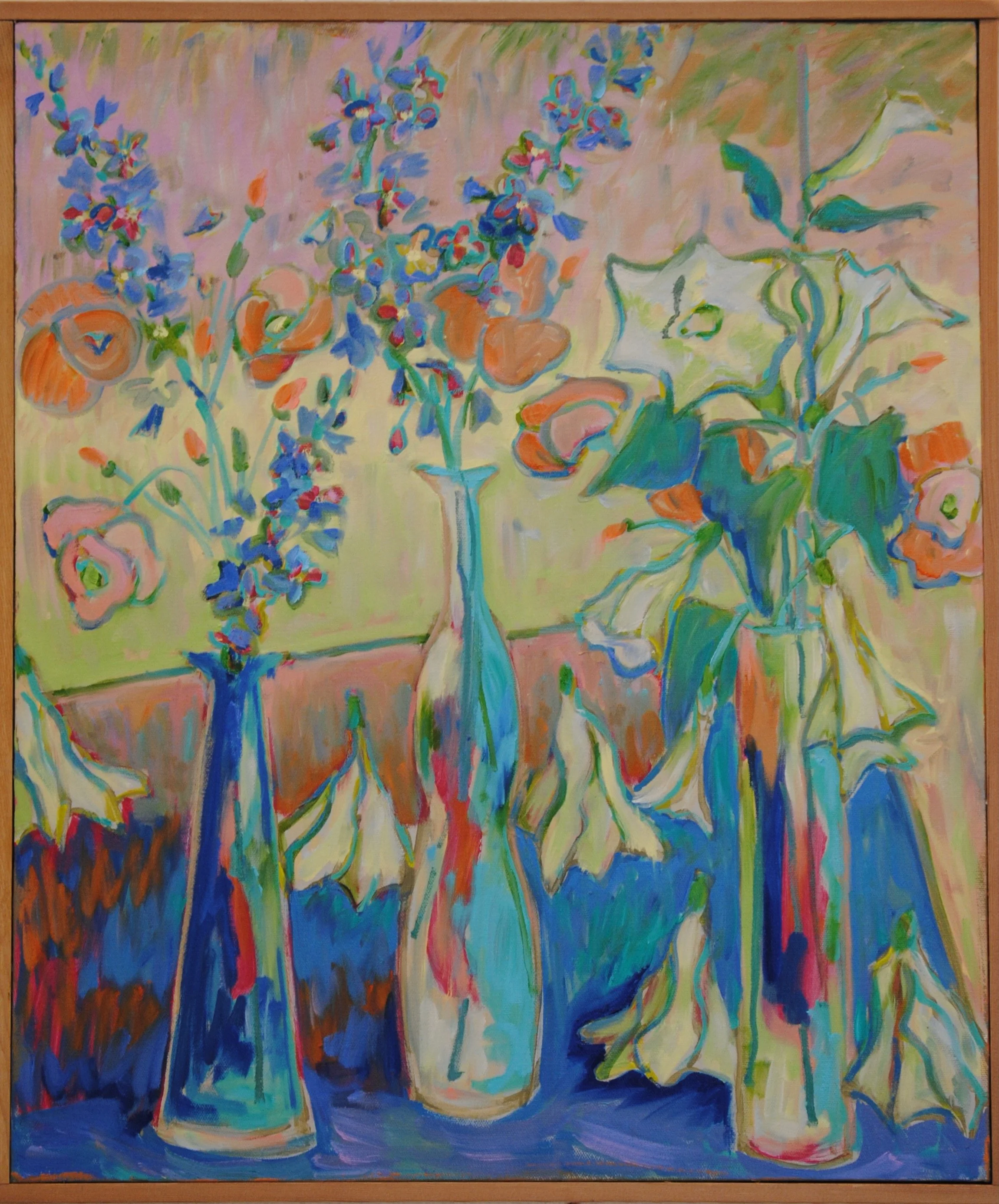 Colorful still life painting of three vases with flowers placed on a table.