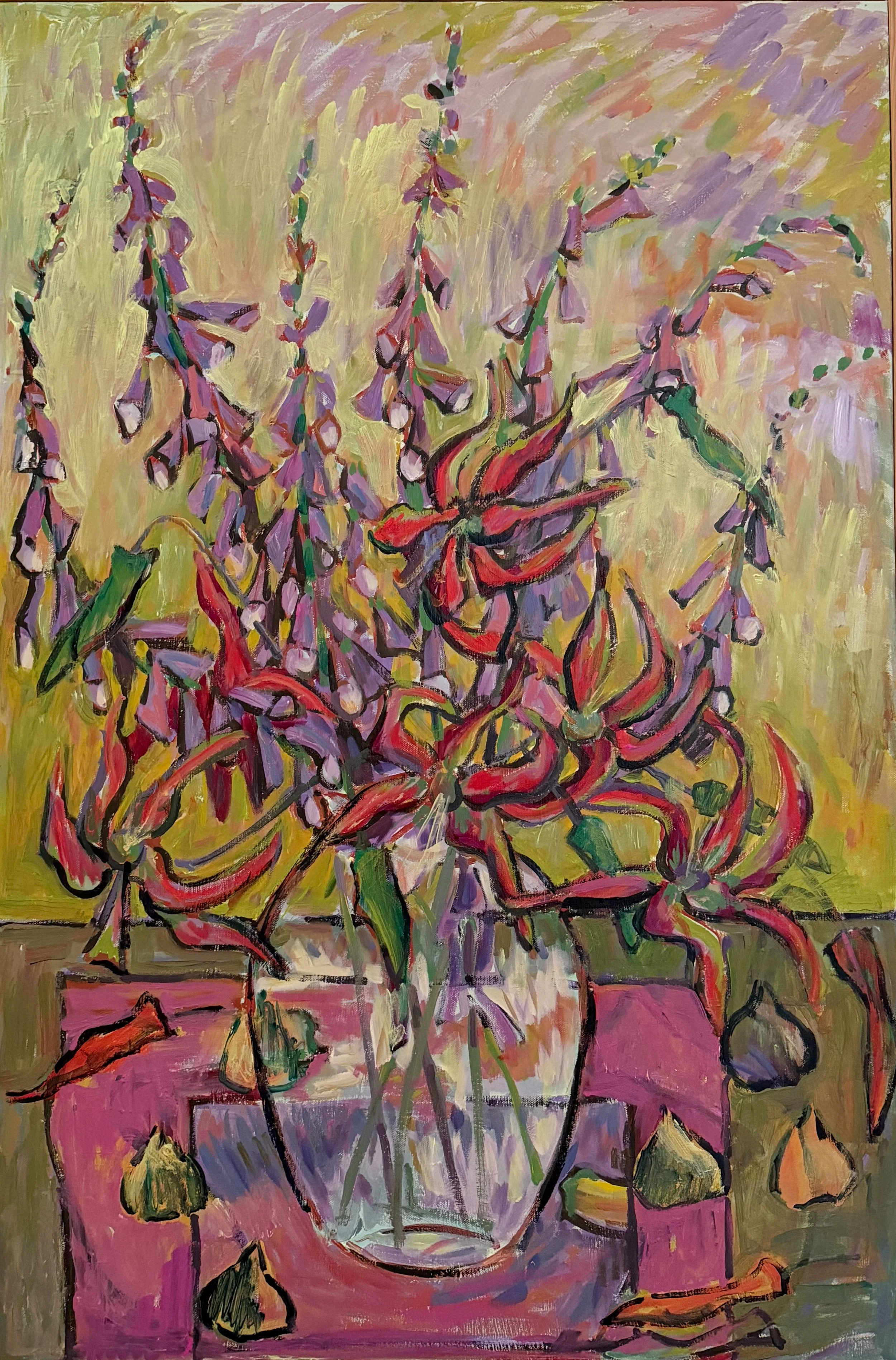 An abstract painting of a potted plant with tall, purple and red, twisting stems and leaves against a yellow and purple background.