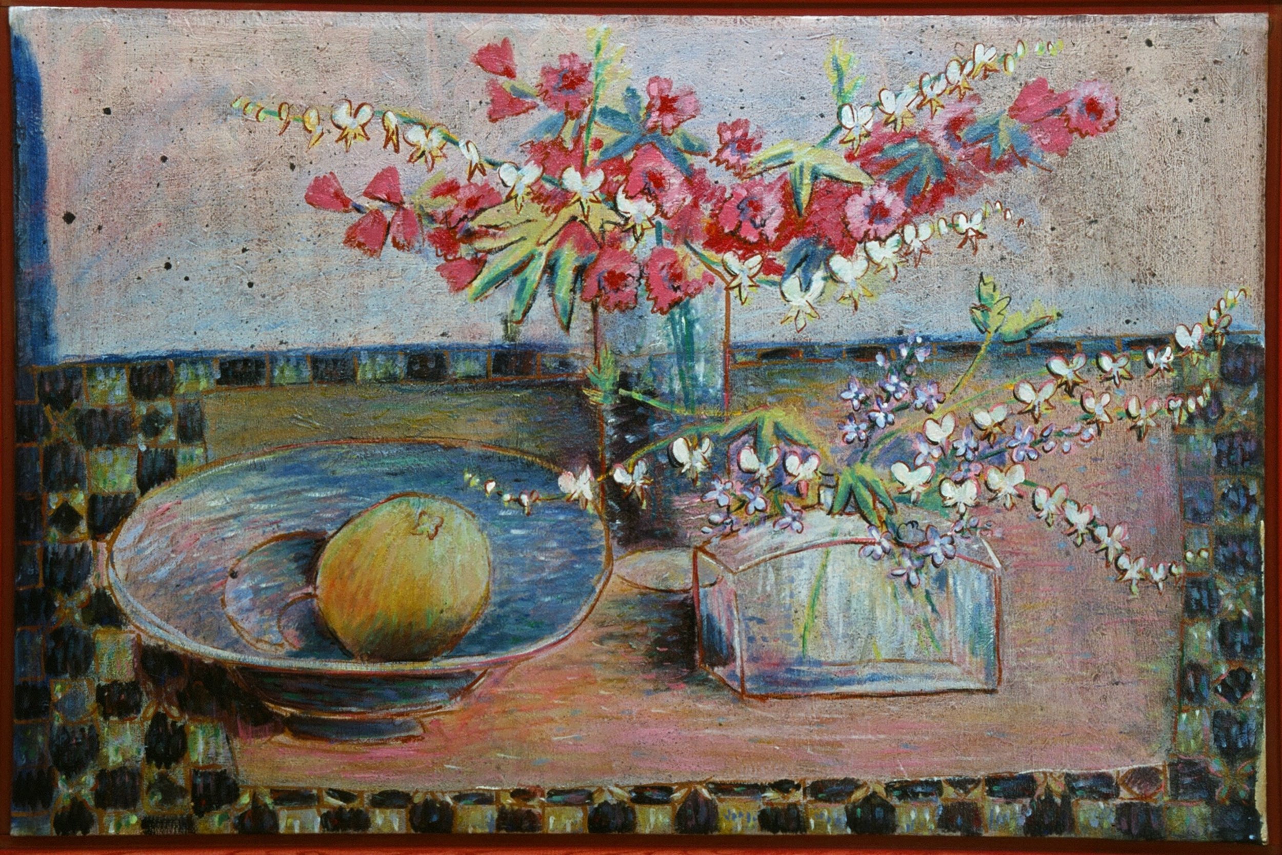 An impressionist painting of a still life with a pink flowering branch in a glass vase, a smaller branch with white blossoms in a transparent box, a bowl with a yellow fruit, and a decorative tiled surface in the background.