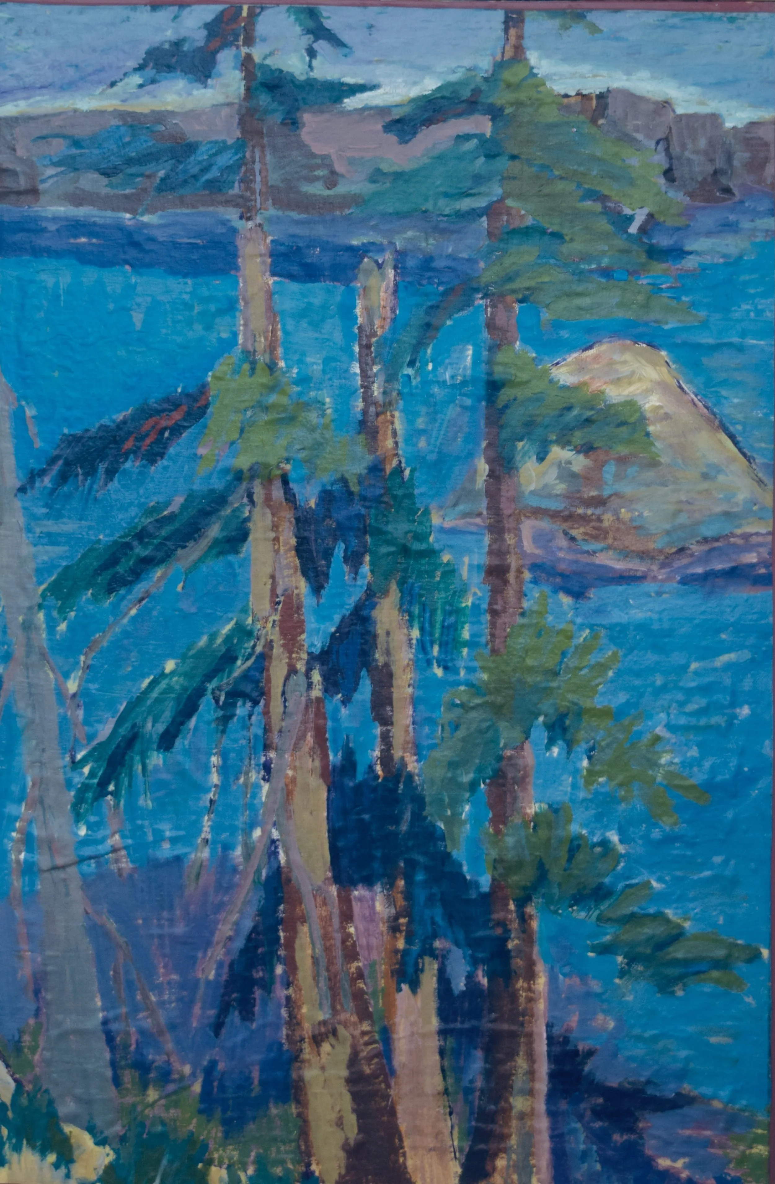 A painting of a scenic landscape with tall trees, a mountain, and a body of water in the background, using broad brushstrokes and vivid colors.