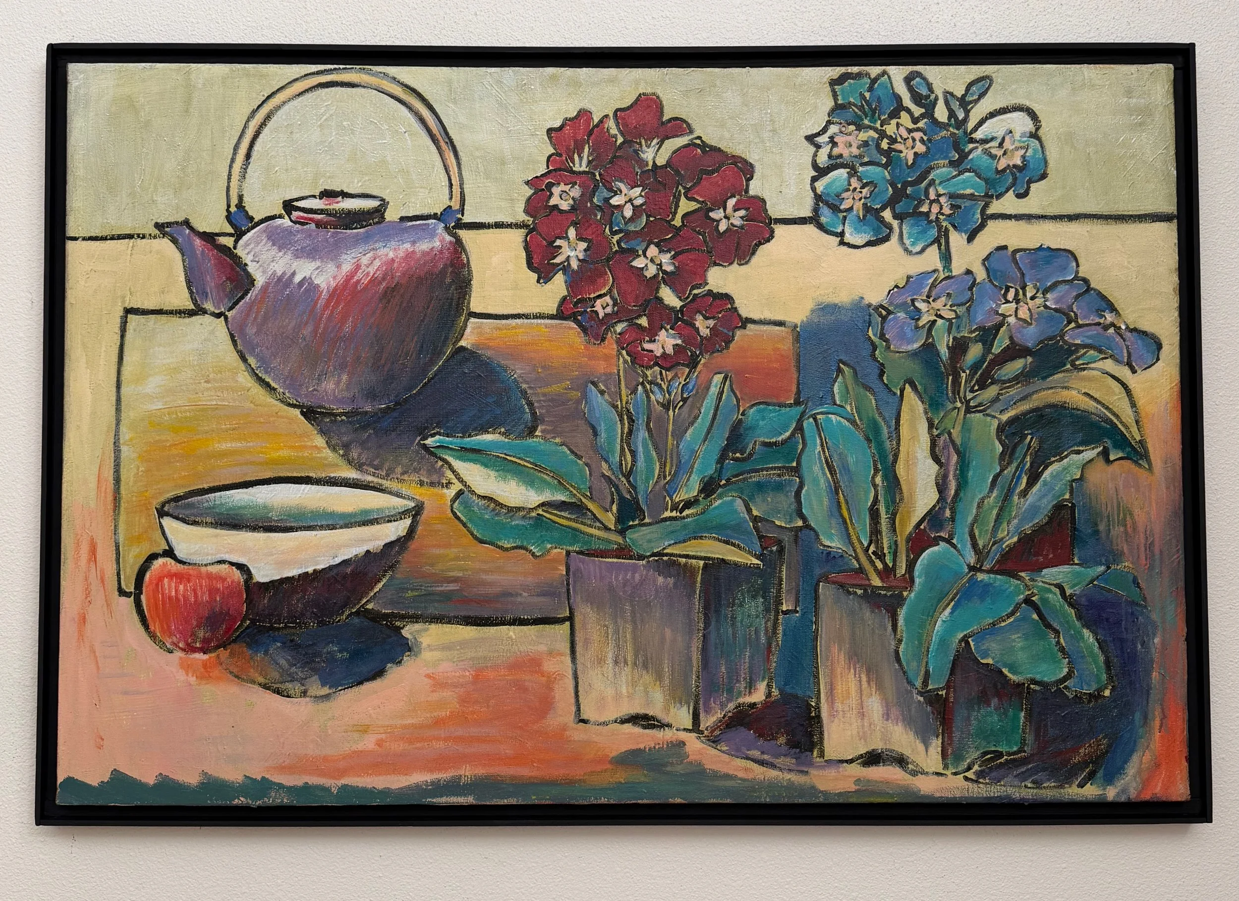 A colorful still life painting of a teapot, a bowl, an apple, and three potted plants with flowers and leaves in a frame.