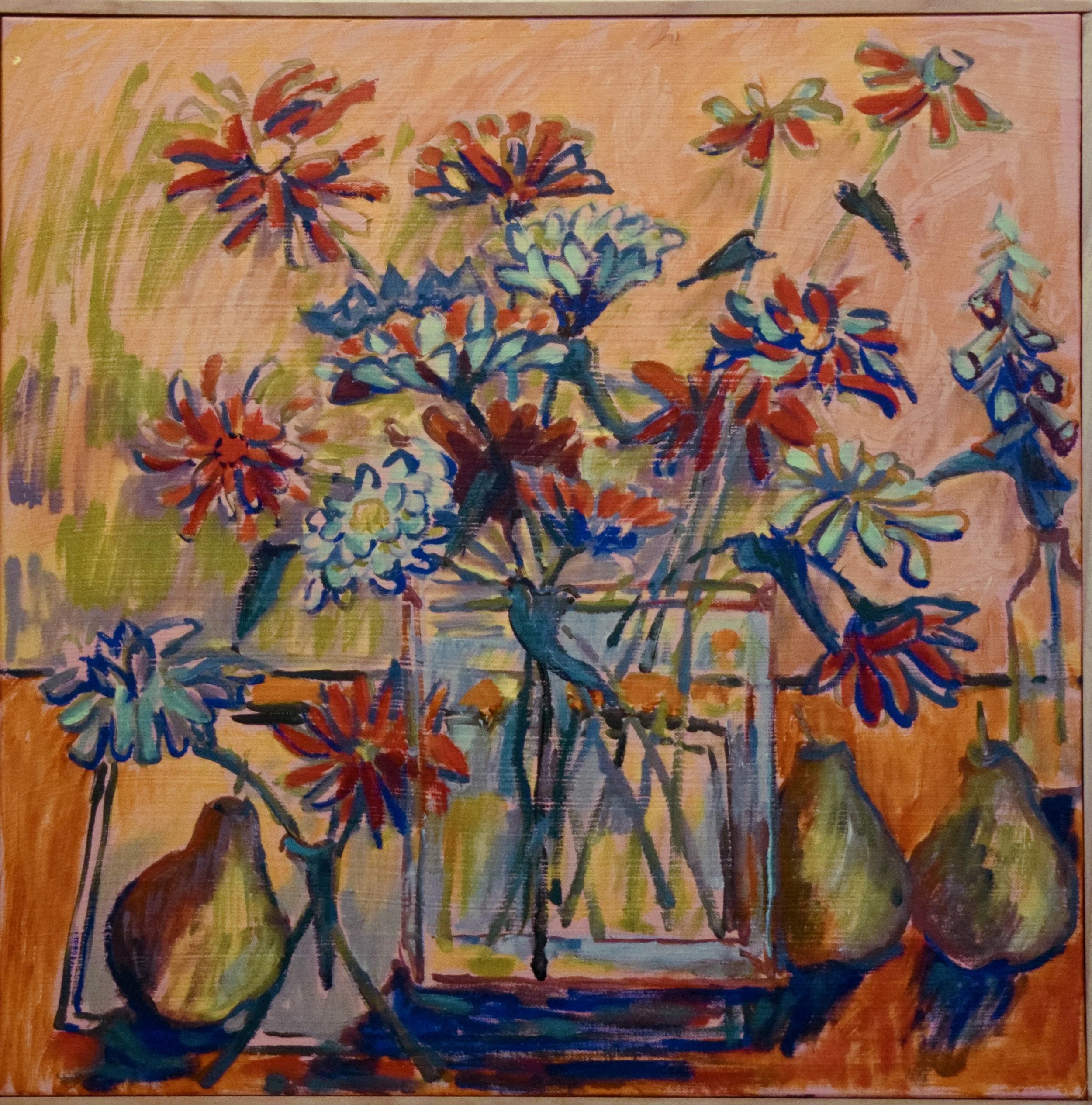 Impressionistic painting of a vase with colorful flowers and three pears on a table.