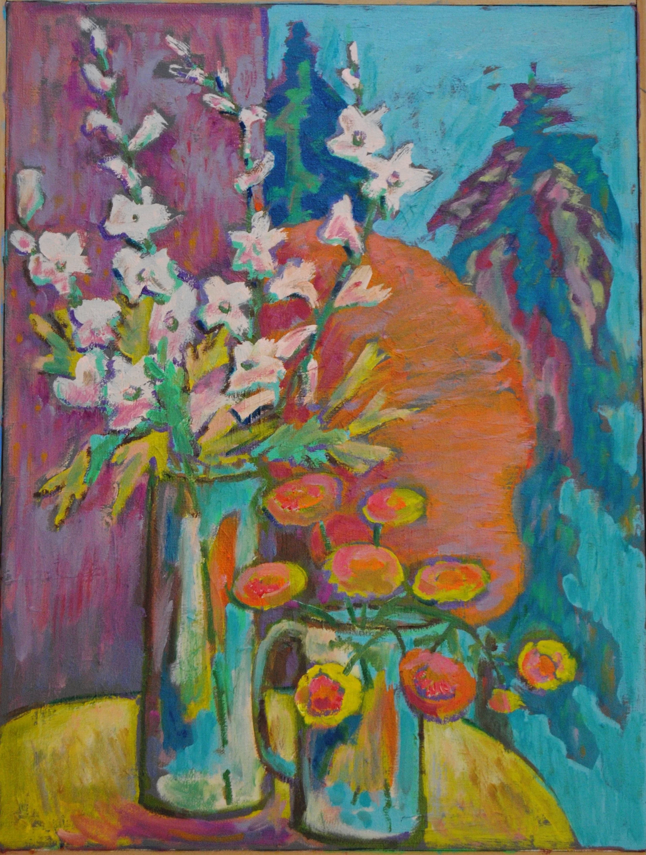 A colorful still life painting of white flowers and yellow-orange flowers in vases on a yellow table with a blue and purple background.