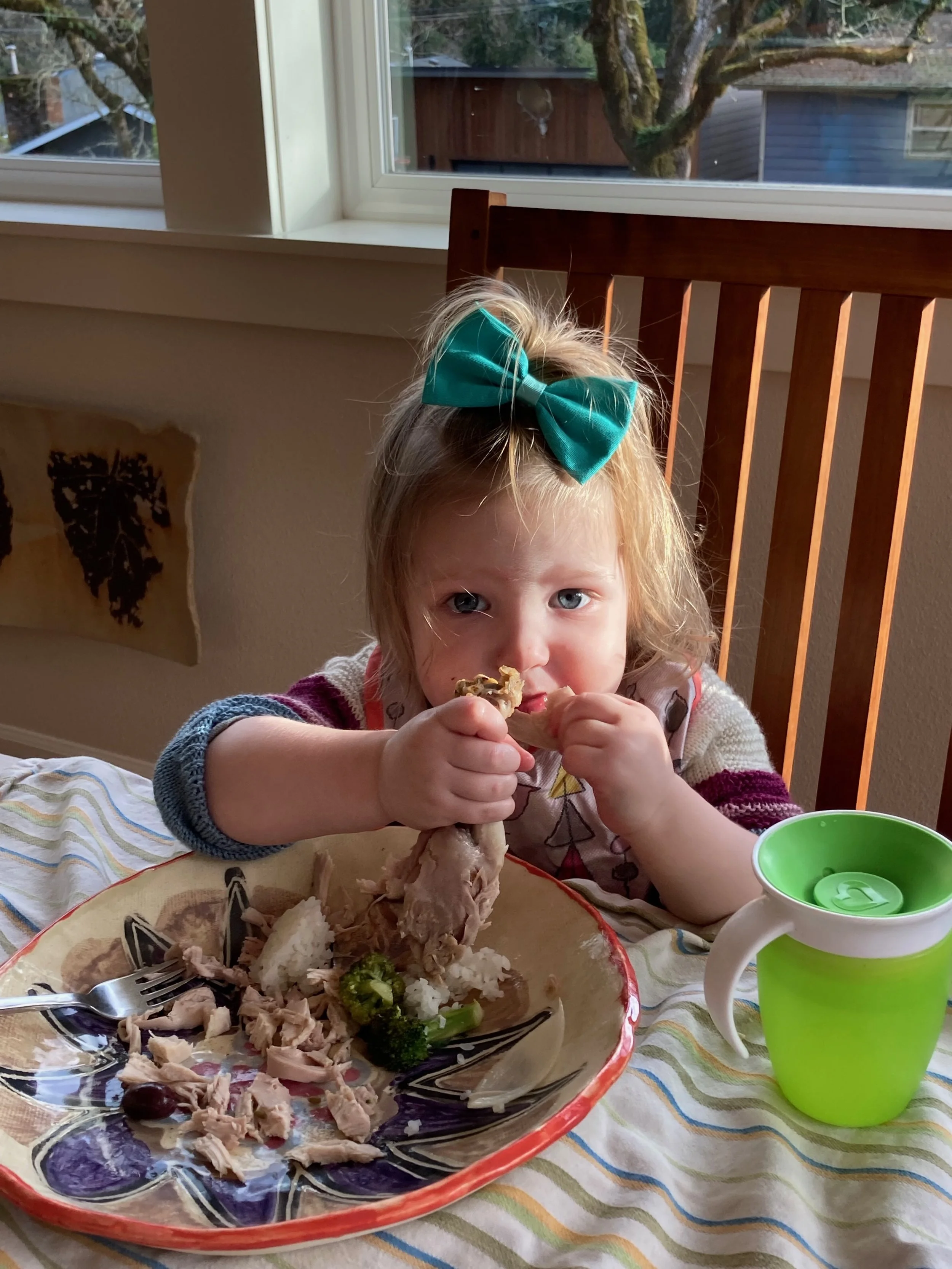 Young girl with blonde hair, wearing a teal bow and a multicolored sweater, eating chicken and rice at a dining table with a green sippy cup nearby, in a room with a window showing trees and house outside.