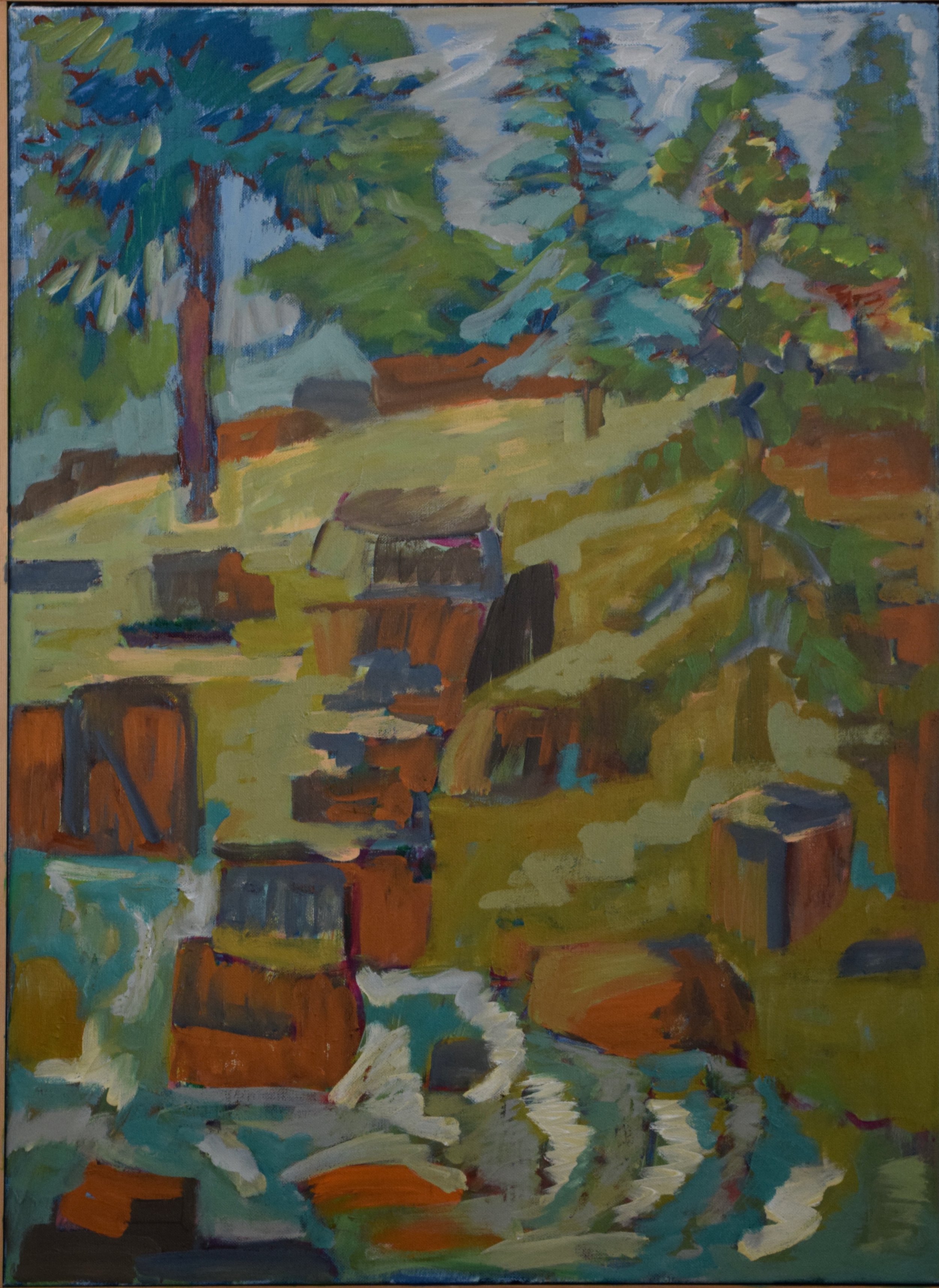 Oil painting of a nature scene with trees, rocks, and a stream in a forest setting.