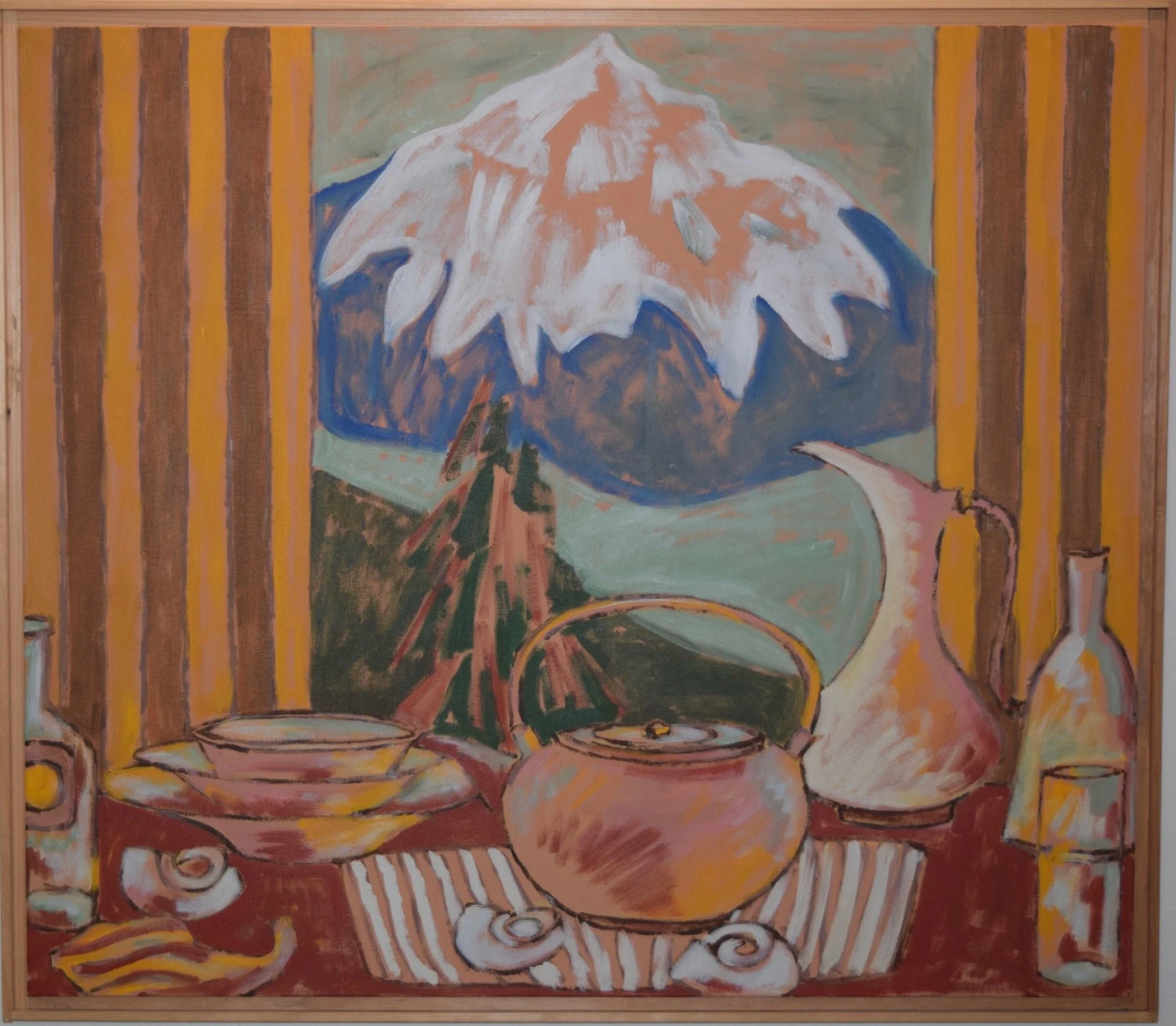 A colorful still life painting featuring a mountain with snow, a pine tree, a teapot, bowl, and bottles on a table, with striped and wood-paneled background.