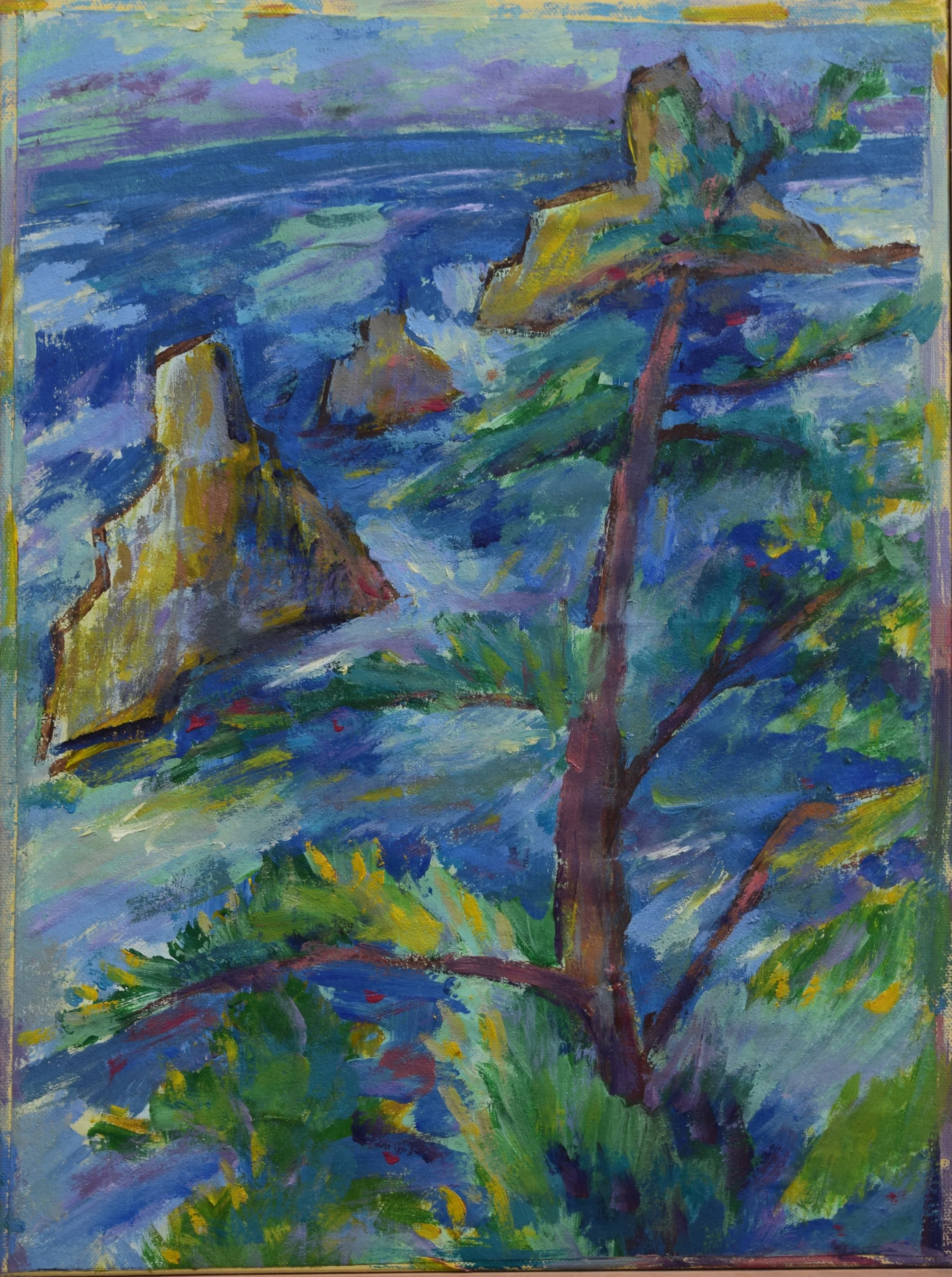 An impressionist-style painting depicting a coastal landscape with a large tree in the foreground, rocky cliffs in the middle ground, and the ocean with distant waves in the background. The sky is painted with soft shades of purple and yellow.