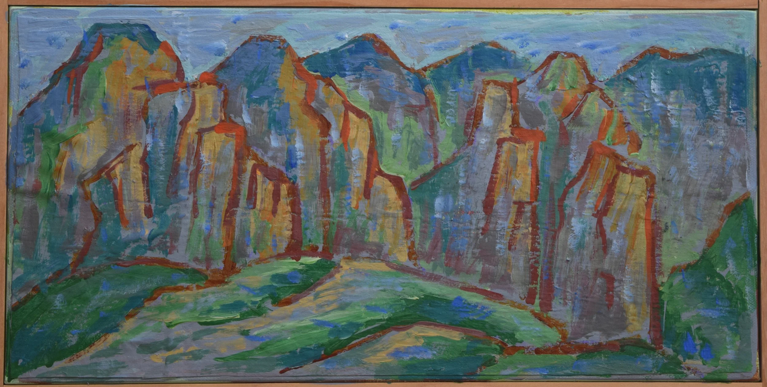 A colorful painting of tall, jagged cliffs and mountains with a small river or creek flowing through a green valley in the foreground.