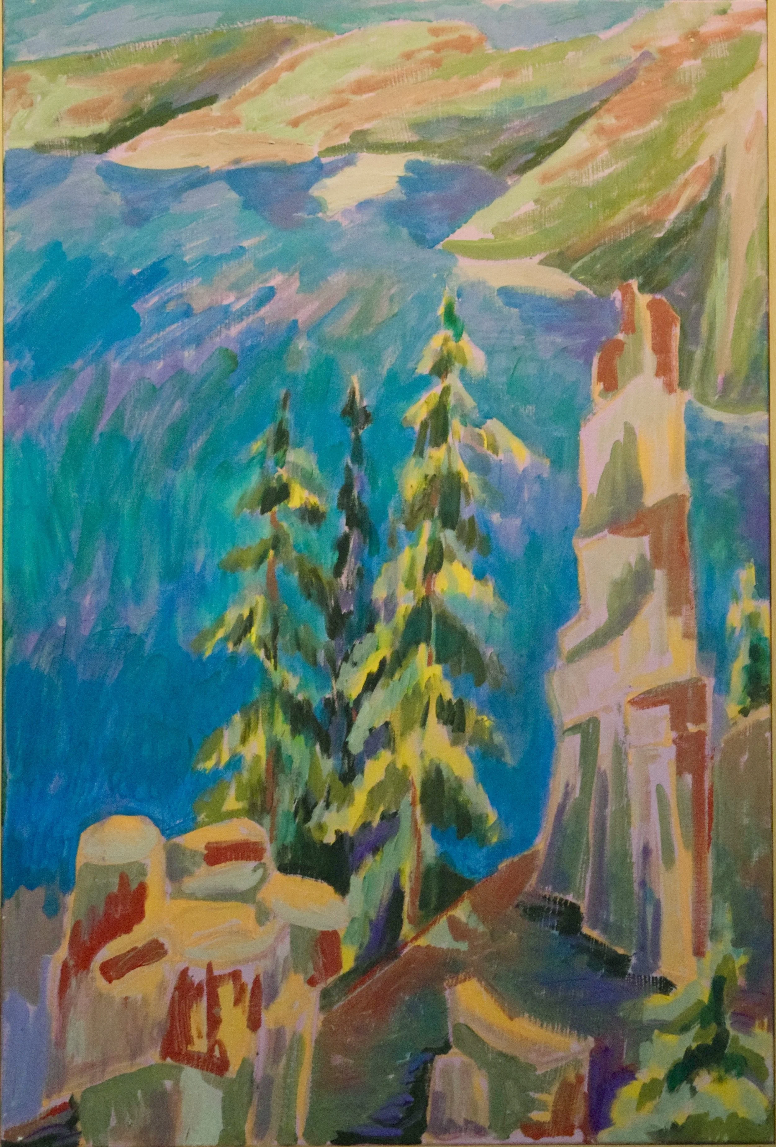 An abstract landscape painting featuring mountains in the background, a large blue body of water, a tall pine tree, and rocky ruins in the foreground.