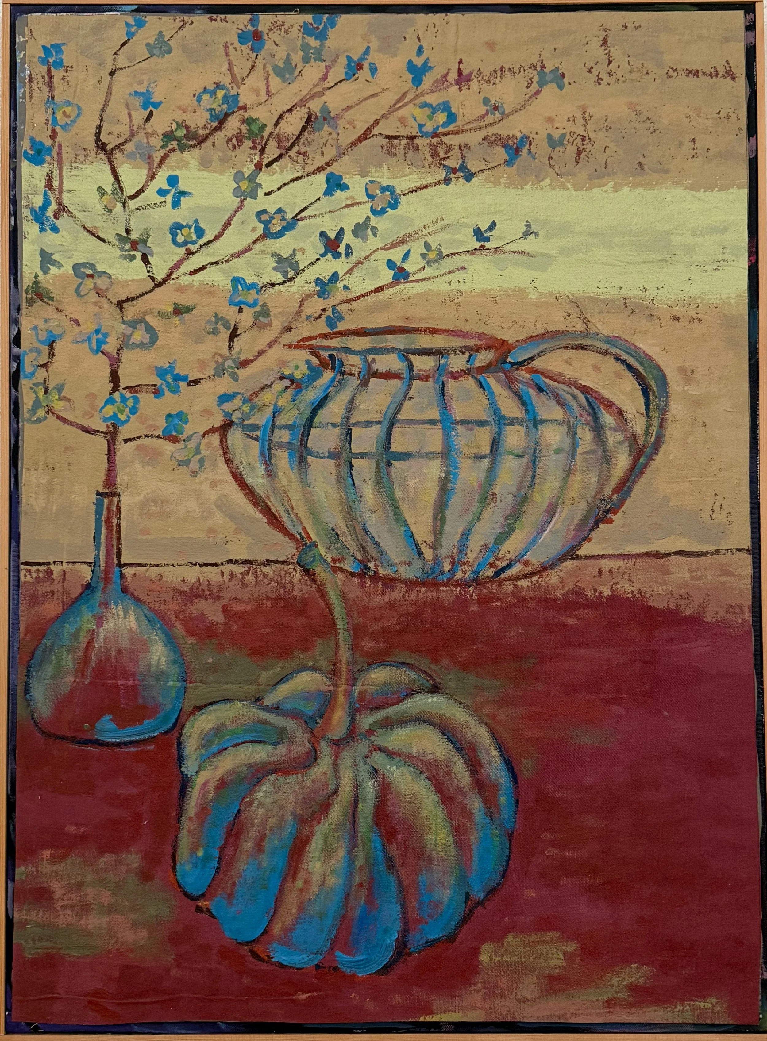 Painting of a still life with a flower in a bulb-shaped vase, a branch with small blue flowers in a round, striped bowl, and a large pumpkin on a red surface with a beige background.