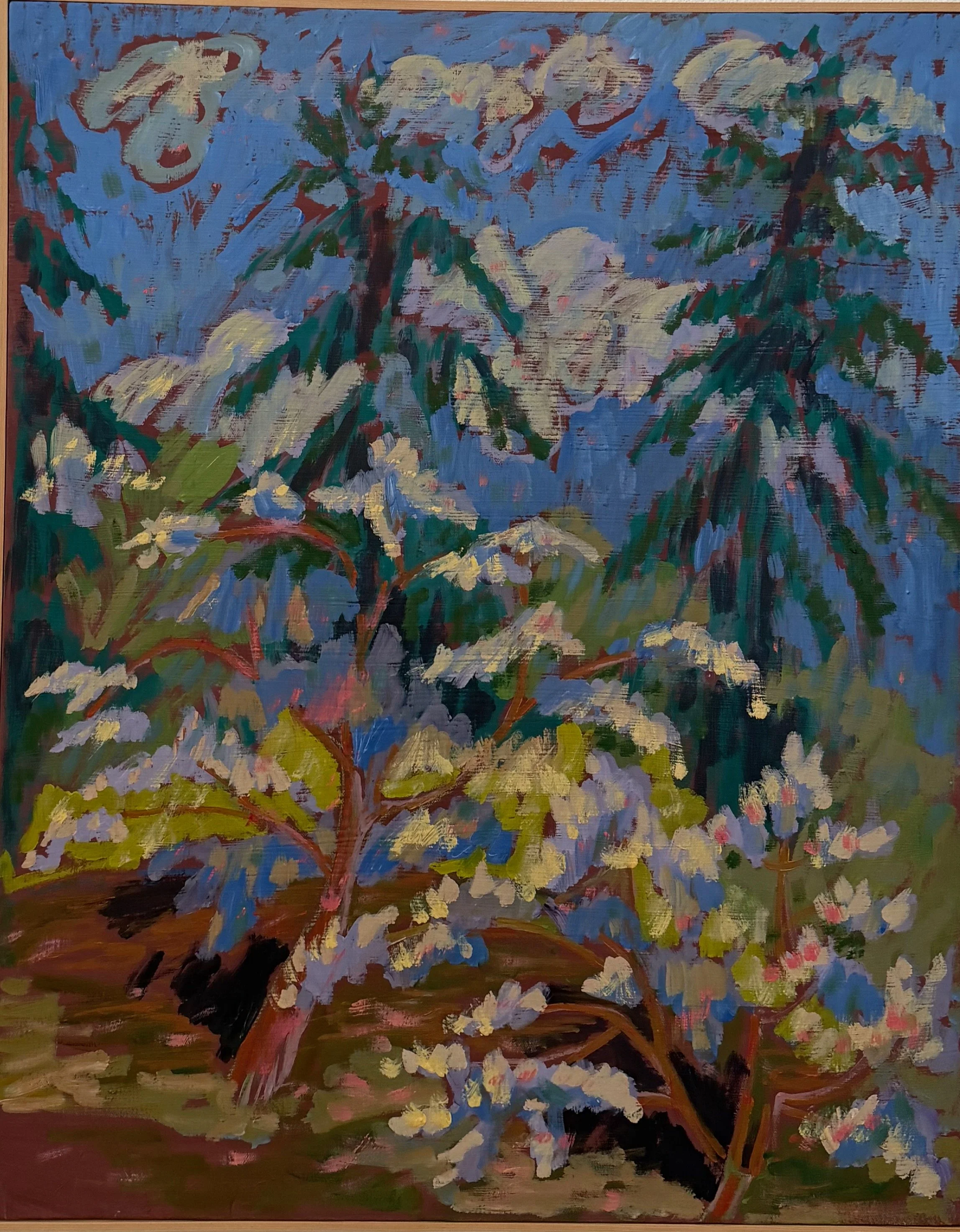 An impressionist painting of a white flowering shrub with a backdrop of blue sky and green foliage.