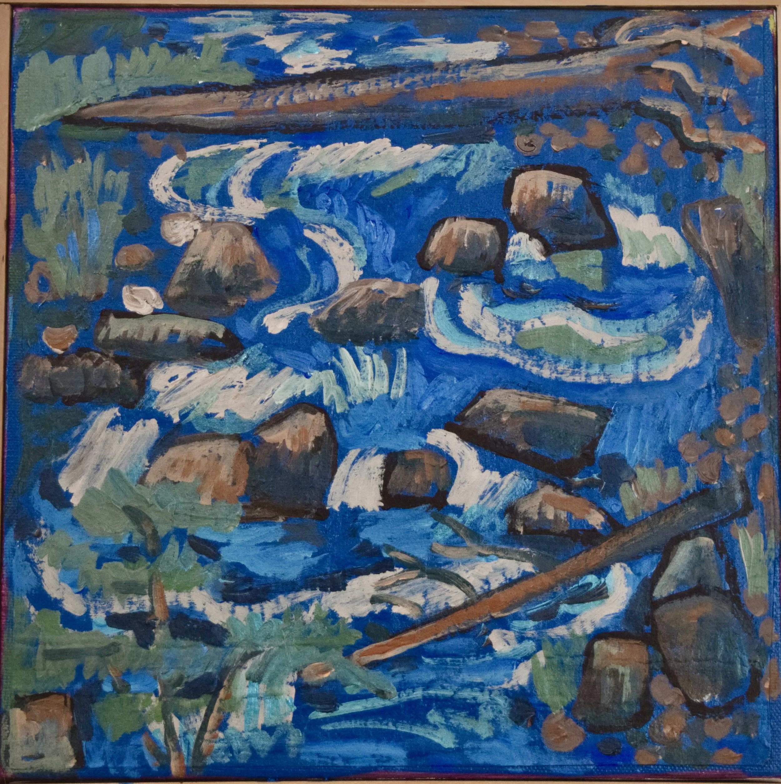A painting of a river flowing over rocks with trees and bushes in the background, depicted in an impressionist style.