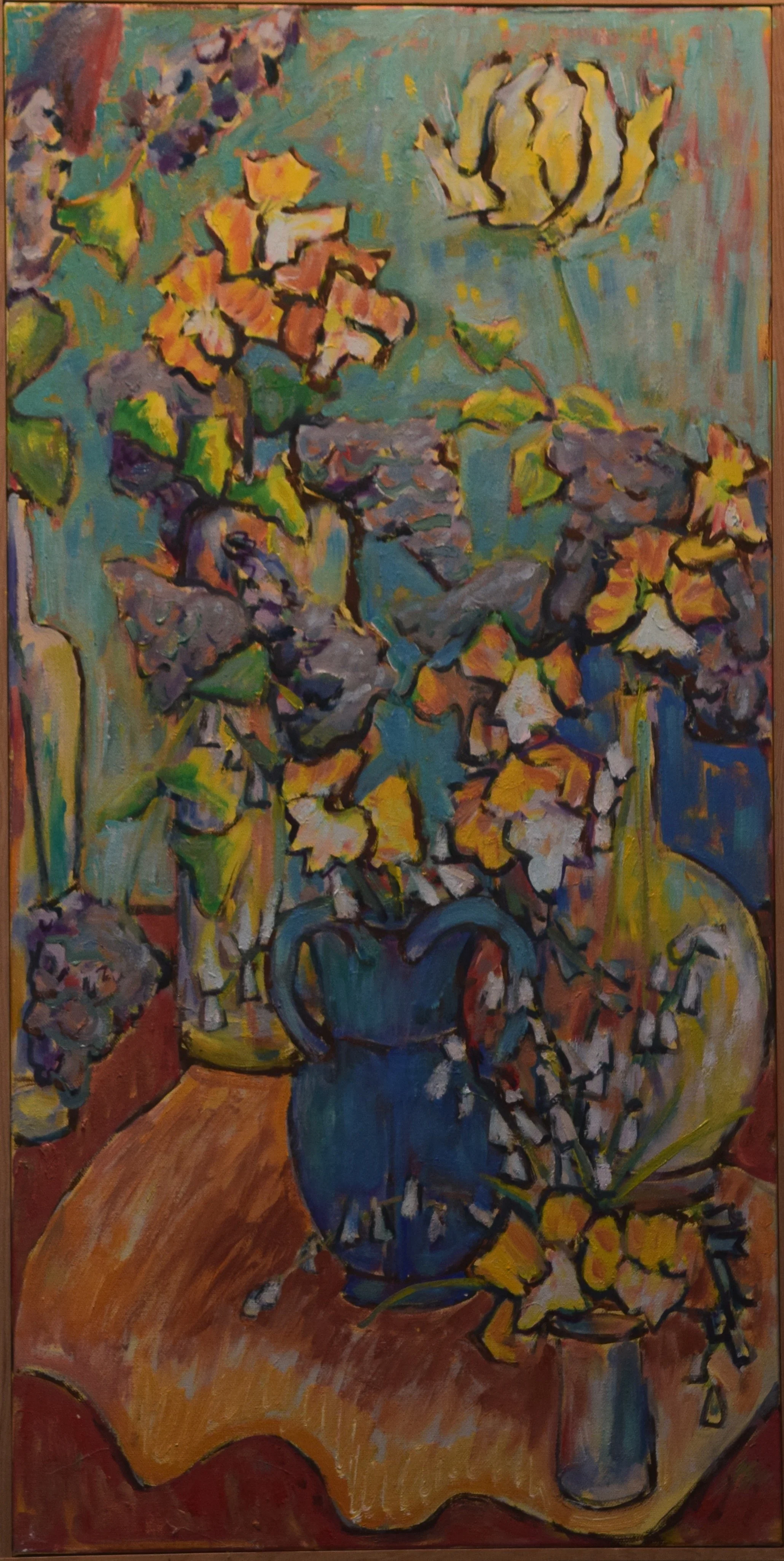An abstract painting of a still life with yellow, purple, and white flowers in blue and yellow vases on a wooden table. The background is a blend of cool colors.
